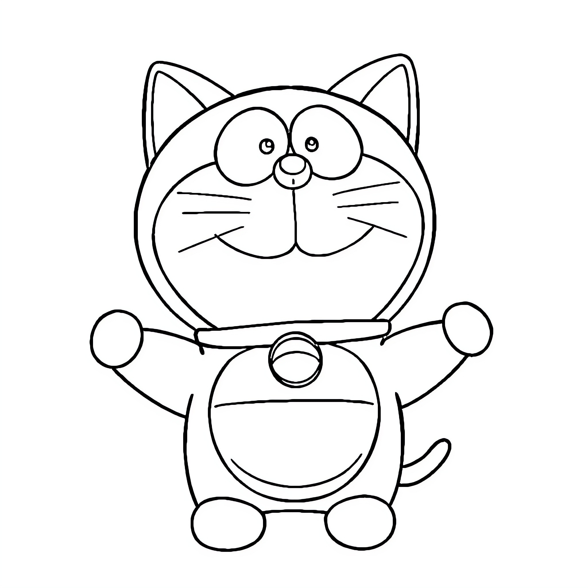 Doraemon, a popular robotic cat character Coloring Page (free black-and-white line drawing printable PDF for all, from beginners to advanced learners, including children, teens, adults, and seniors)