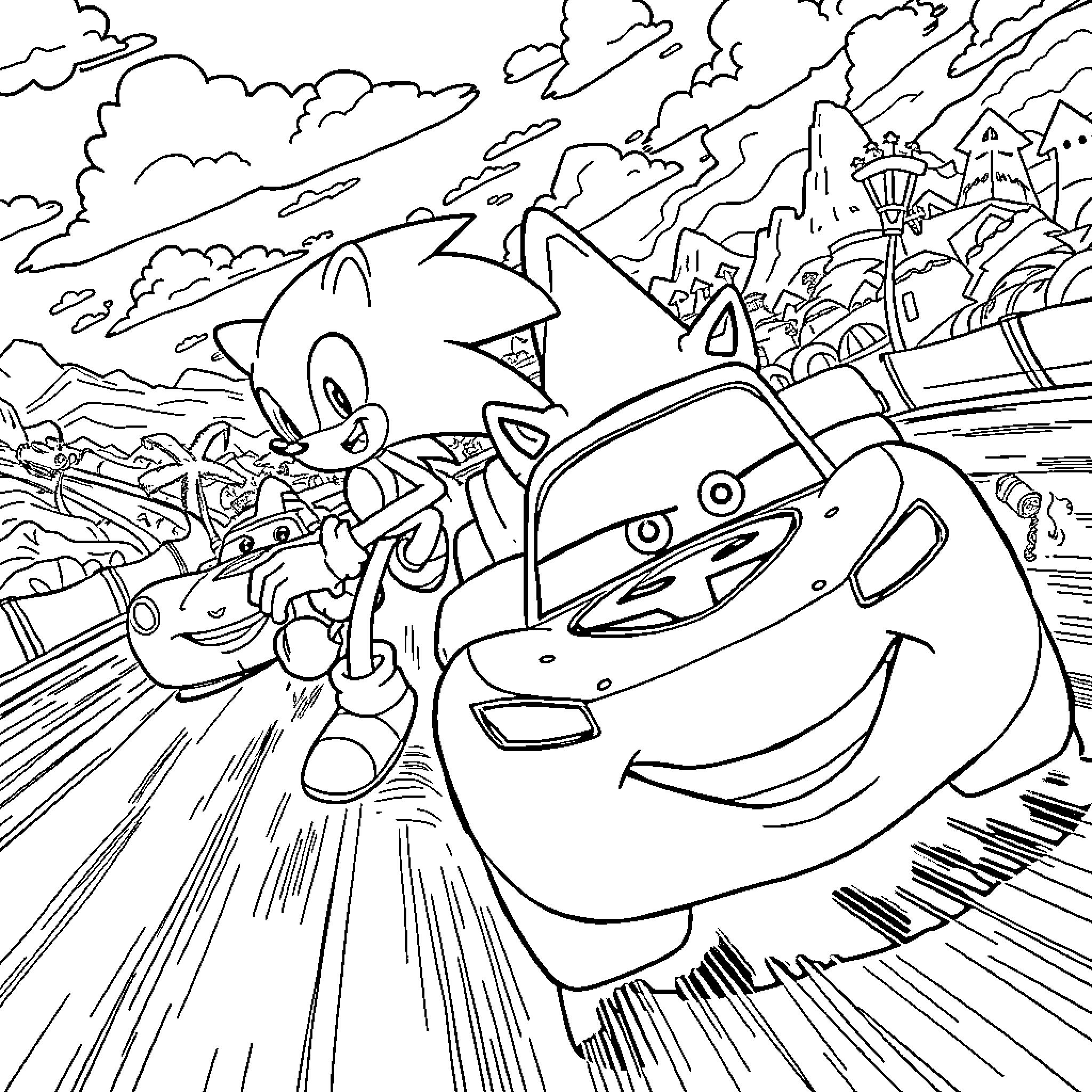Sonic racing with a car through an action-packed scene Coloring Page (free black-and-white line drawing printable PDF for all, from beginners to advanced learners, including children, teens, adults, and seniors)