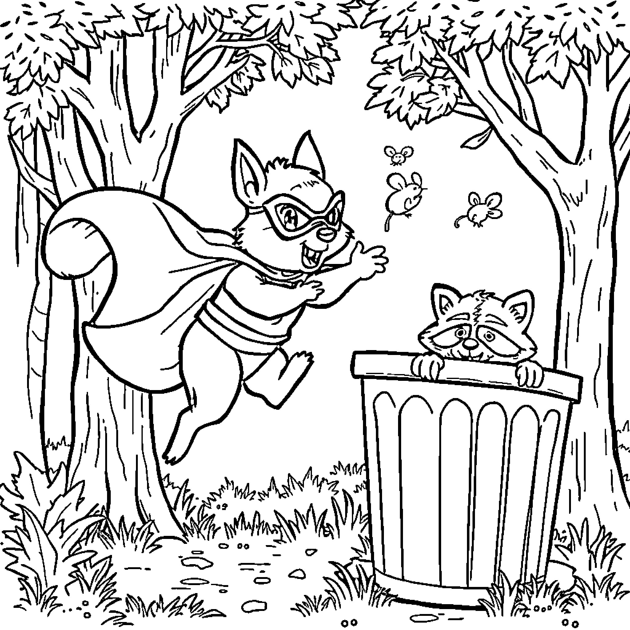 Squirrel's Mischievous Adventure in the Enchanted Forest Coloring Page (free black-and-white line drawing printable PDF for all, from beginners to advanced learners, including children, teens, adults, and seniors)
