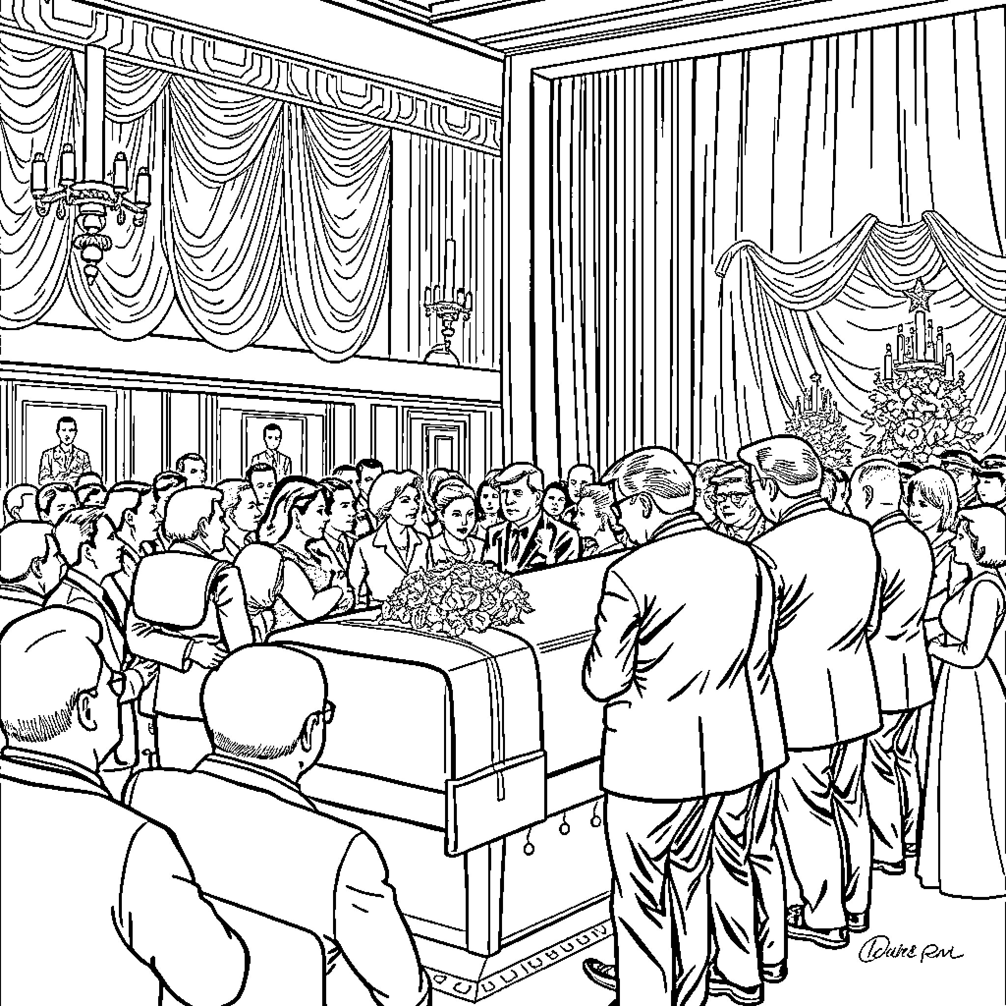 Donald Trump attends a formal political event Coloring Page (free black-and-white line drawing printable PDF for all, from beginners to advanced learners, including children, teens, adults, and seniors)