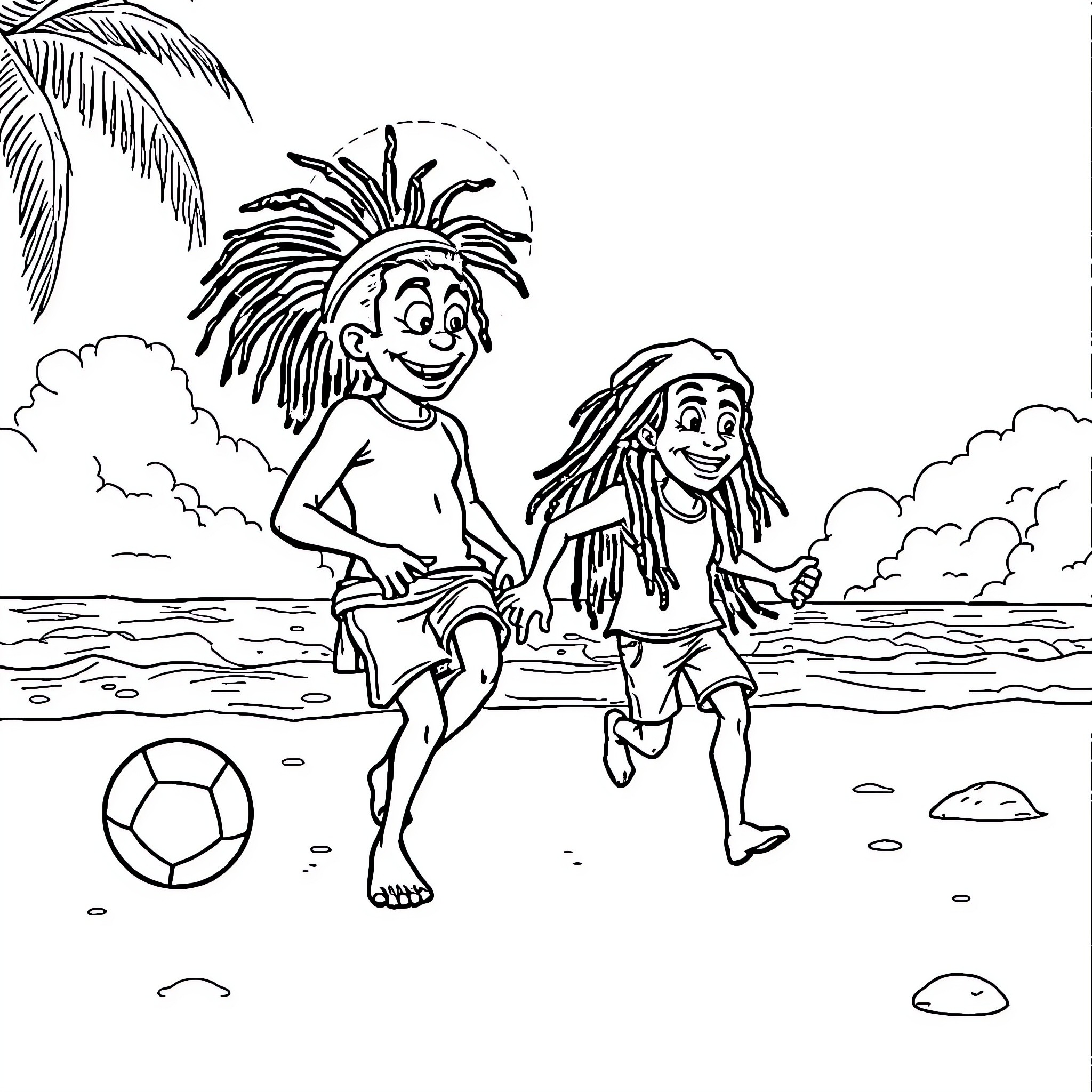 Bob and friend playing with ball on the beach Coloring Page (free black-and-white line drawing printable PDF for all, from beginners to advanced learners, including children, teens, adults, and seniors)