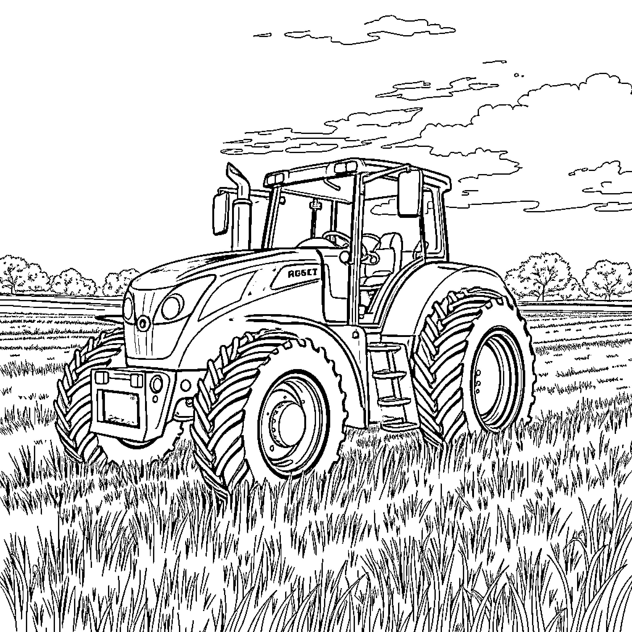 Tractor working diligently in the field Coloring Page (free black-and-white line drawing printable PDF for all, from beginners to advanced learners, including children, teens, adults, and seniors)
