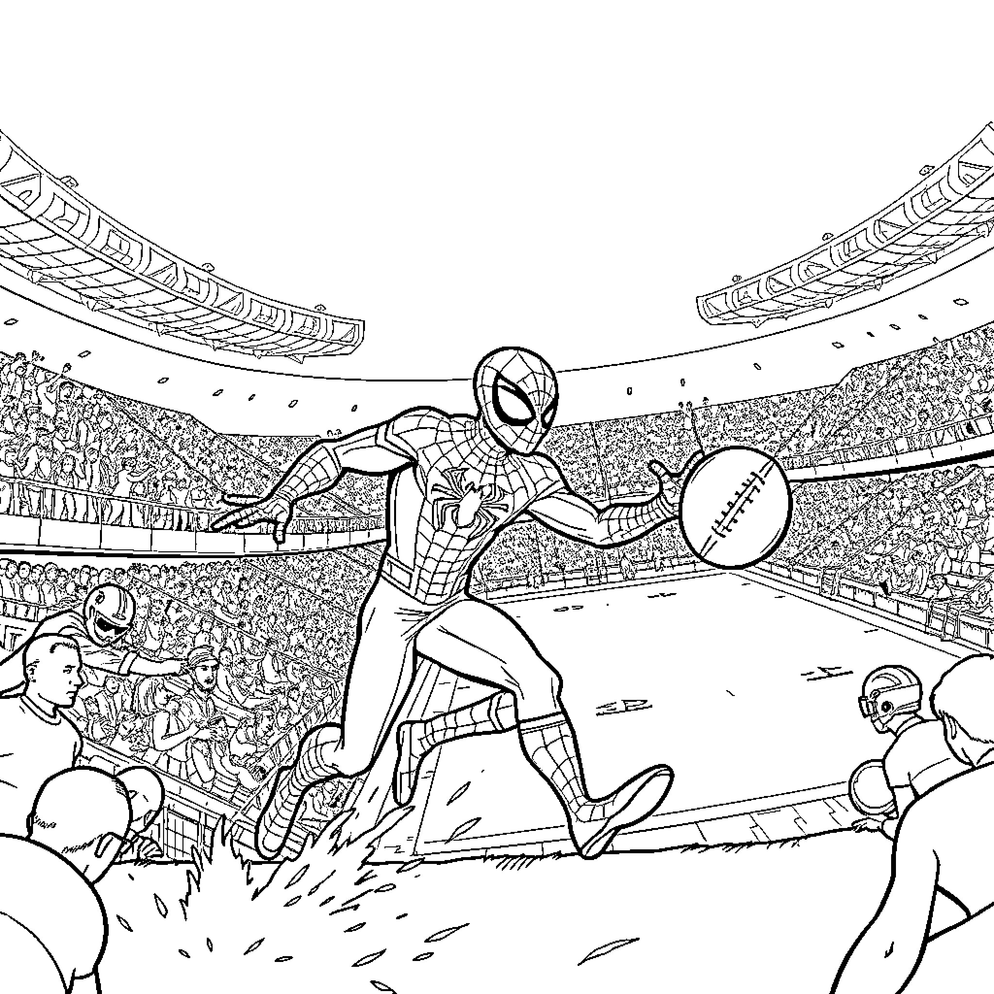 Spiderman catching a football in a crowded stadium Coloring Page (free black-and-white line drawing printable PDF for all, from beginners to advanced learners, including children, teens, adults, and seniors)