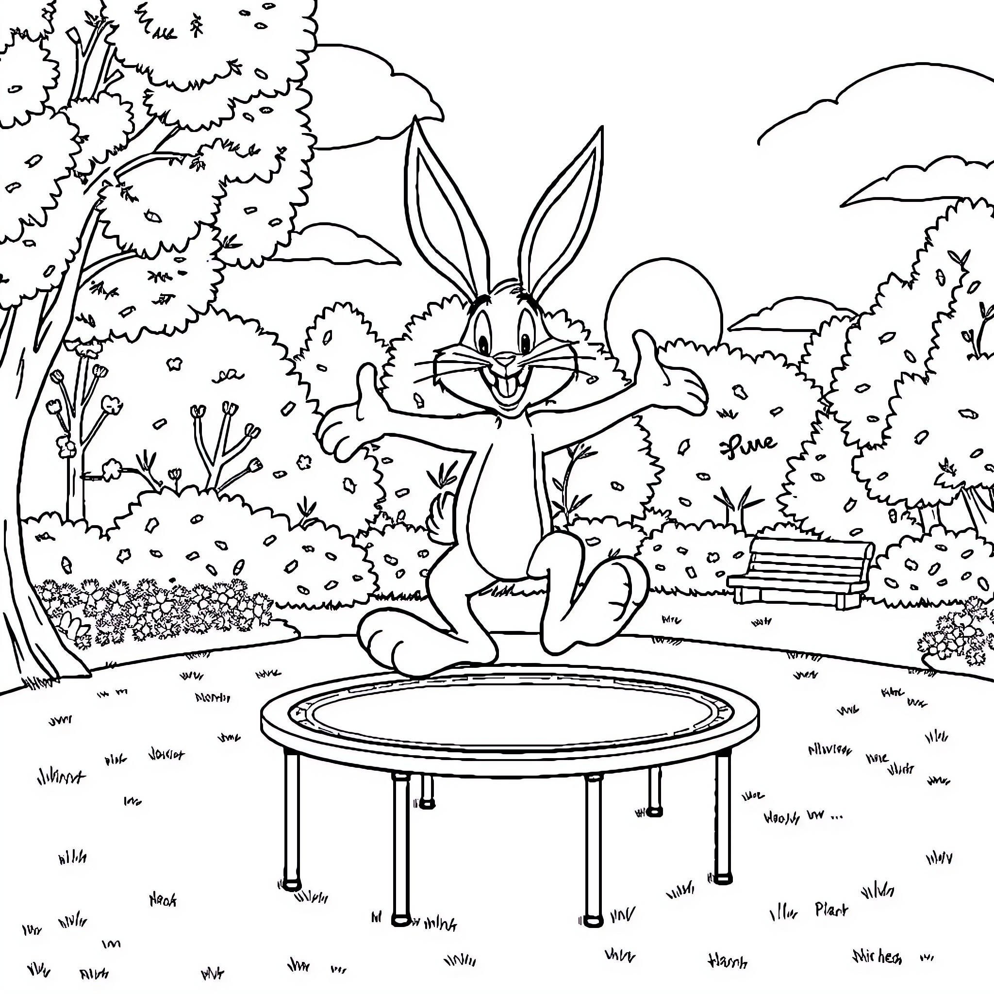 Bunny bouncing on a trampoline in the park Coloring Page (free black-and-white line drawing printable PDF for all, from beginners to advanced learners, including children, teens, adults, and seniors)