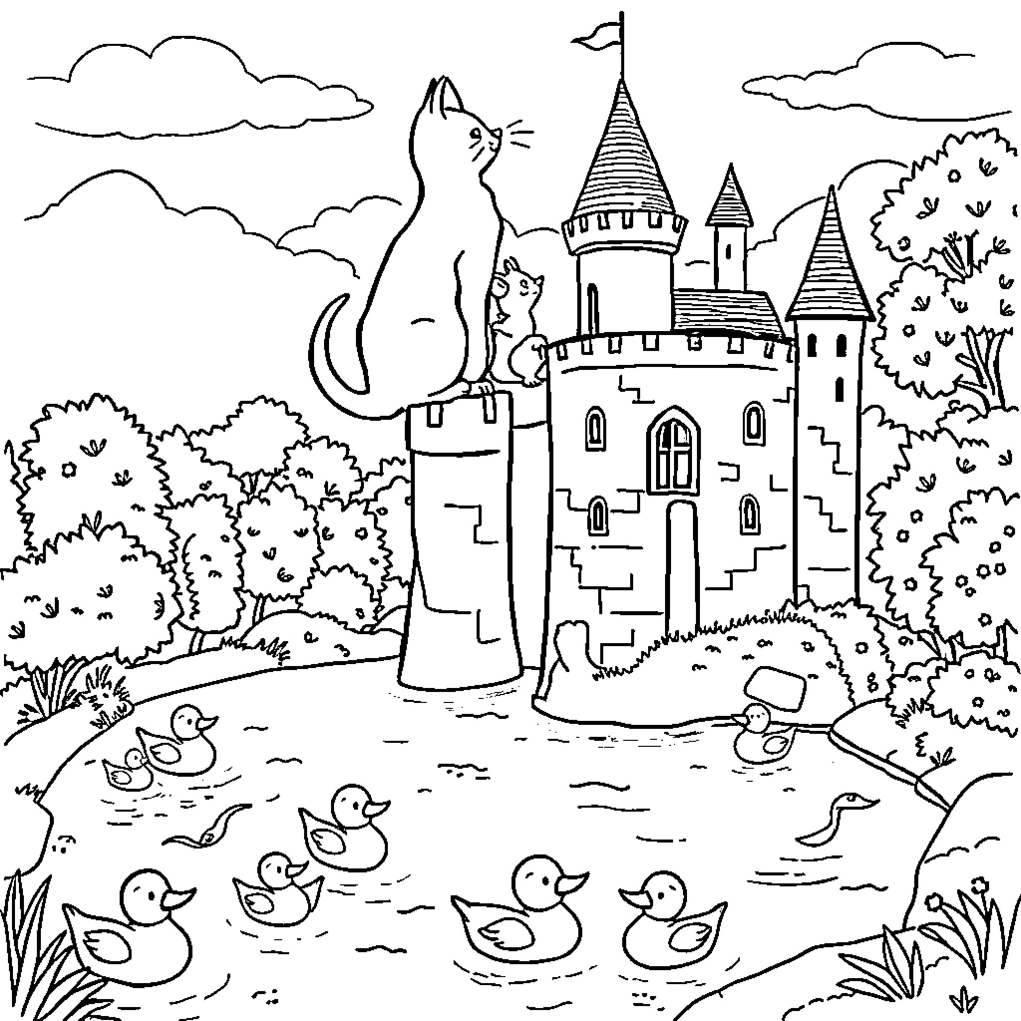 Cat exploring a fairy tale castle landscape Coloring Page (free black-and-white line drawing printable PDF for all, from beginners to advanced learners, including children, teens, adults, and seniors)