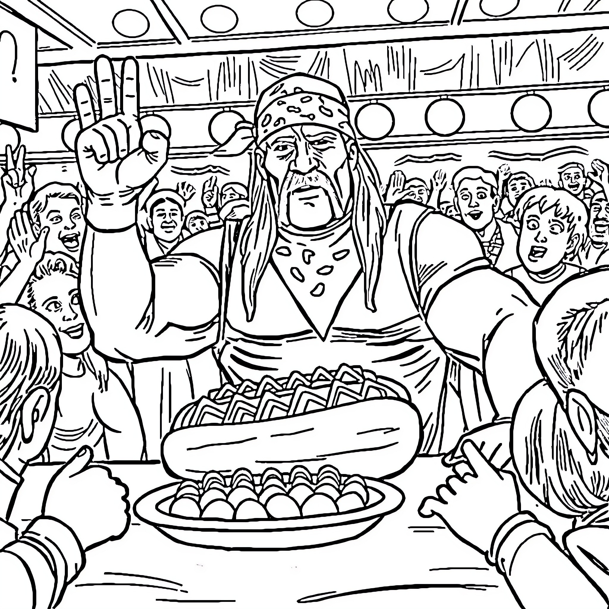 Hulk Hogan Celebrating Victory with Crowd Coloring Page (free black-and-white line drawing printable PDF for all, from beginners to advanced learners, including children, teens, adults, and seniors)