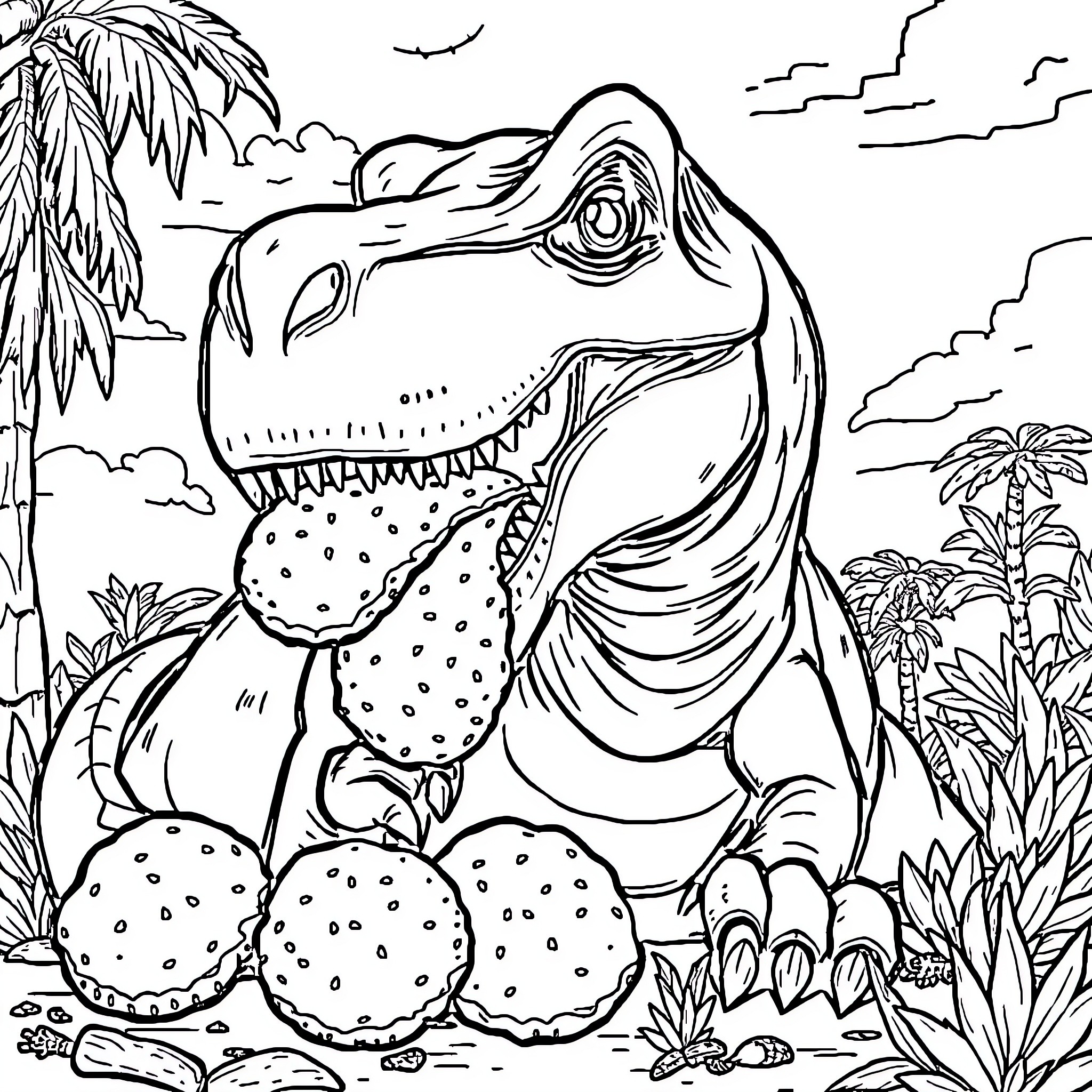 Dinosaur roaming in lush tropical jungle Coloring Page (free black-and-white line drawing printable PDF for all, from beginners to advanced learners, including children, teens, adults, and seniors)