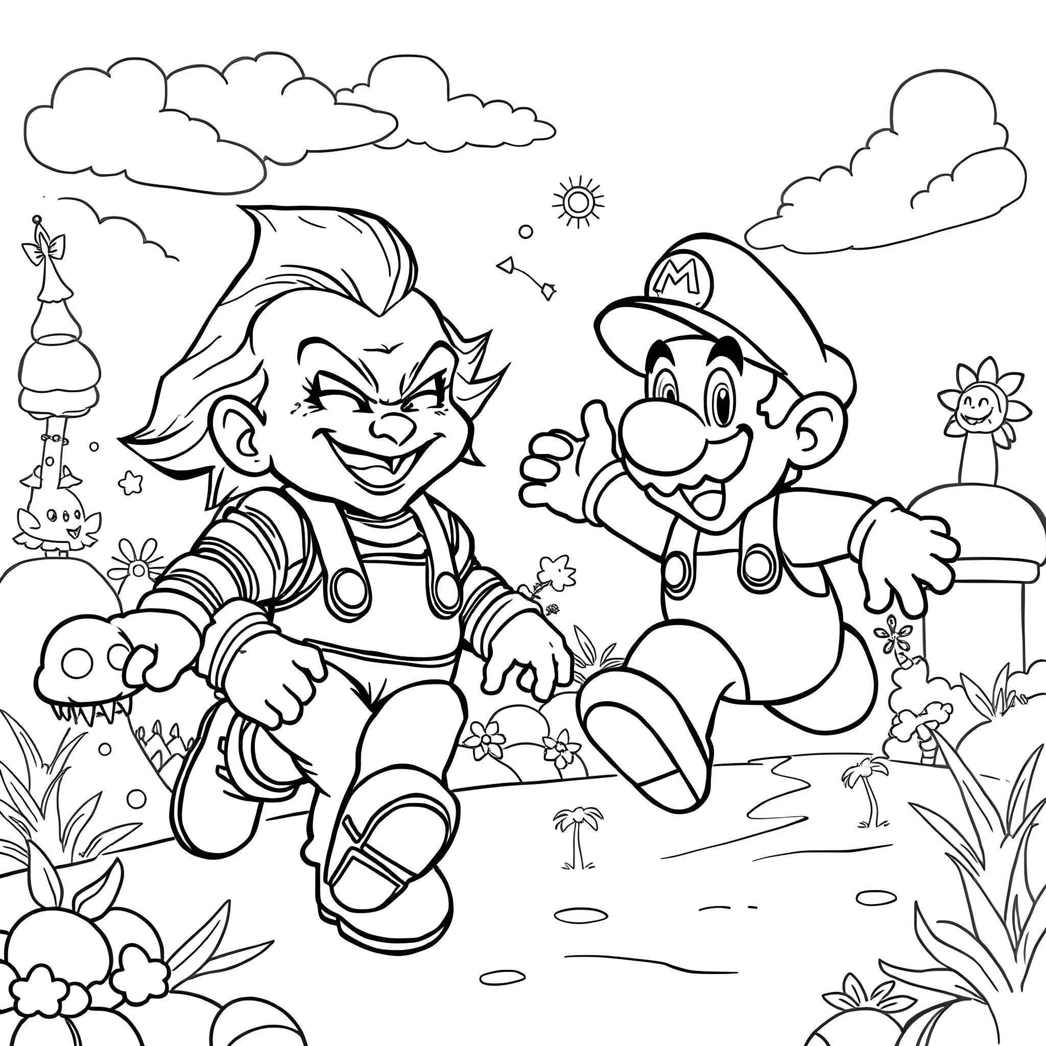 Chucky the Doll Encounters Super Mario in a Playful Outdoor Setting Coloring Page (free black-and-white line drawing printable PDF for all, from beginners to advanced learners, including children, teens, adults, and seniors)