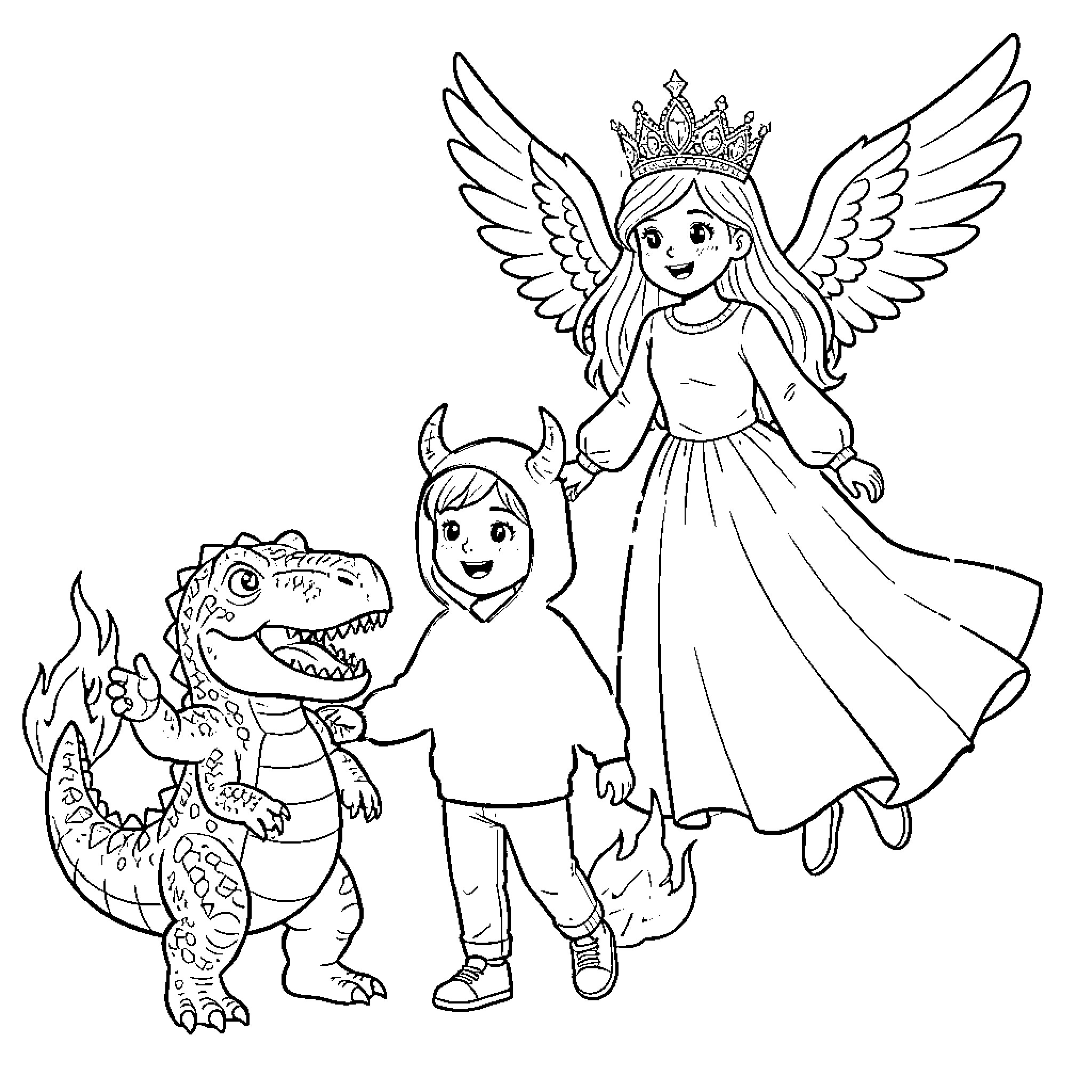 Child Angel and Dragon Friend Coloring Page (free black-and-white line drawing printable PDF for all, from beginners to advanced learners, including children, teens, adults, and seniors)