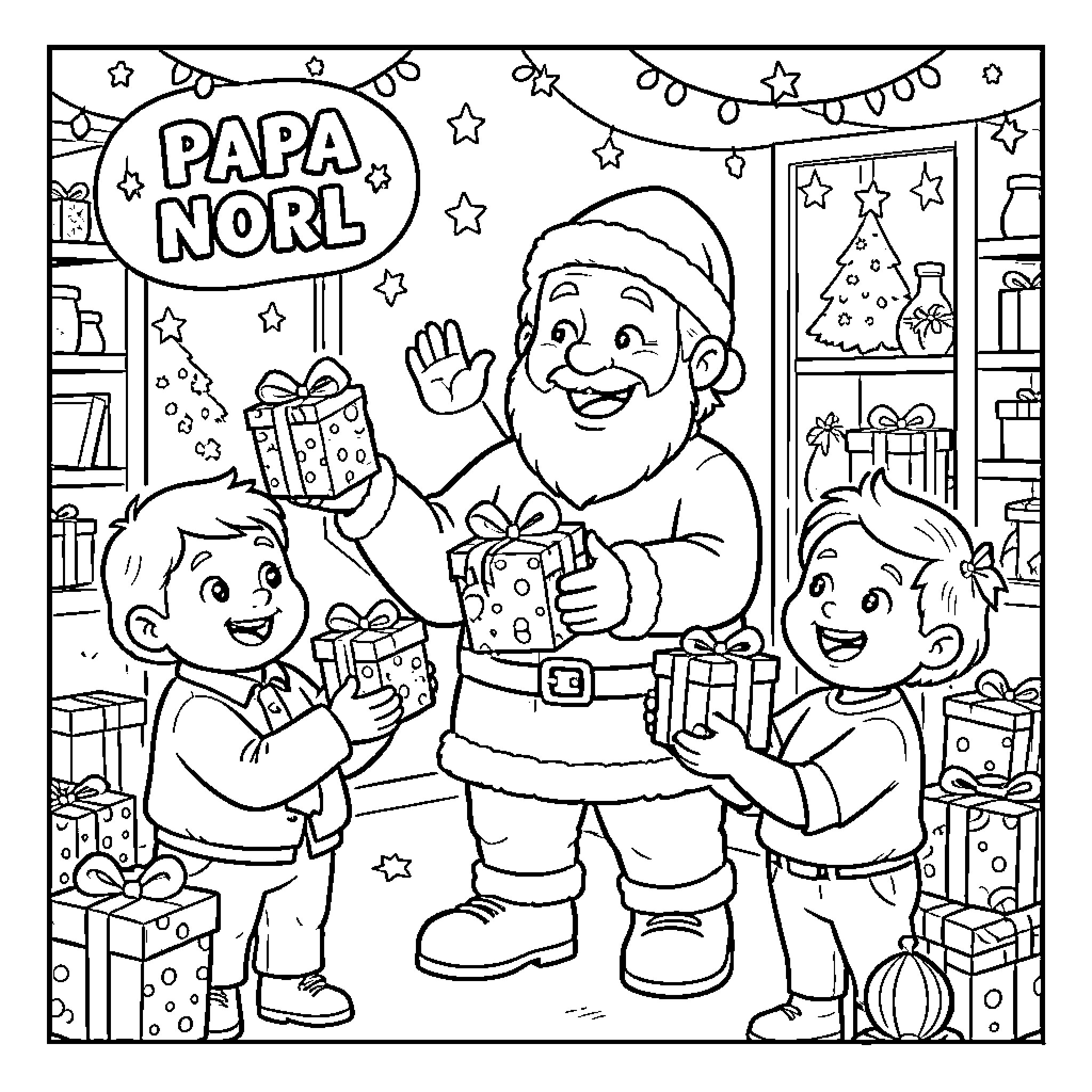 Papa Noel bringing joy and gifts to children Coloring Page (free black-and-white line drawing printable PDF for all, from beginners to advanced learners, including children, teens, adults, and seniors)