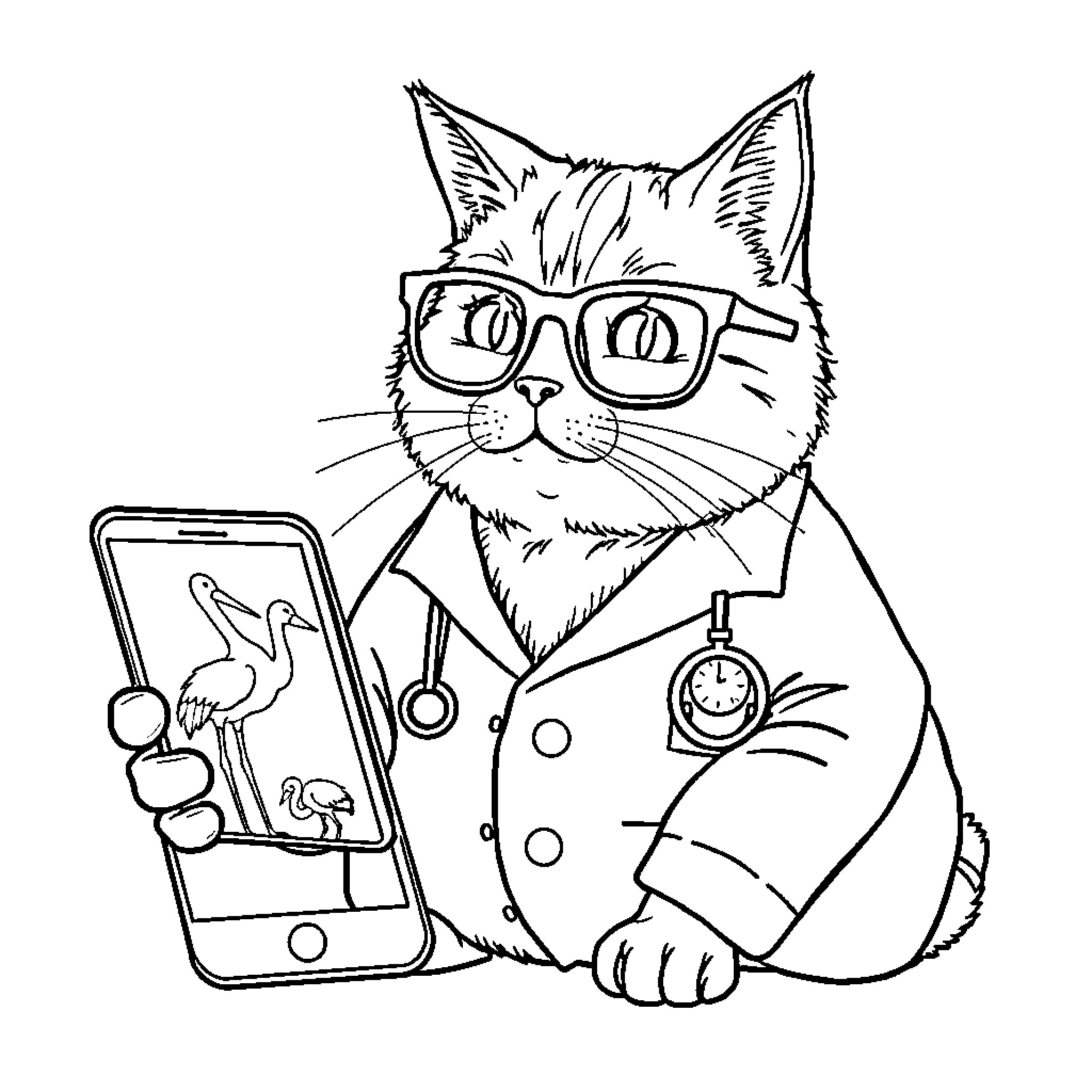 Cat doctor examining smartphone in examination room Coloring Page (free black-and-white line drawing printable PDF for all, from beginners to advanced learners, including children, teens, adults, and seniors)