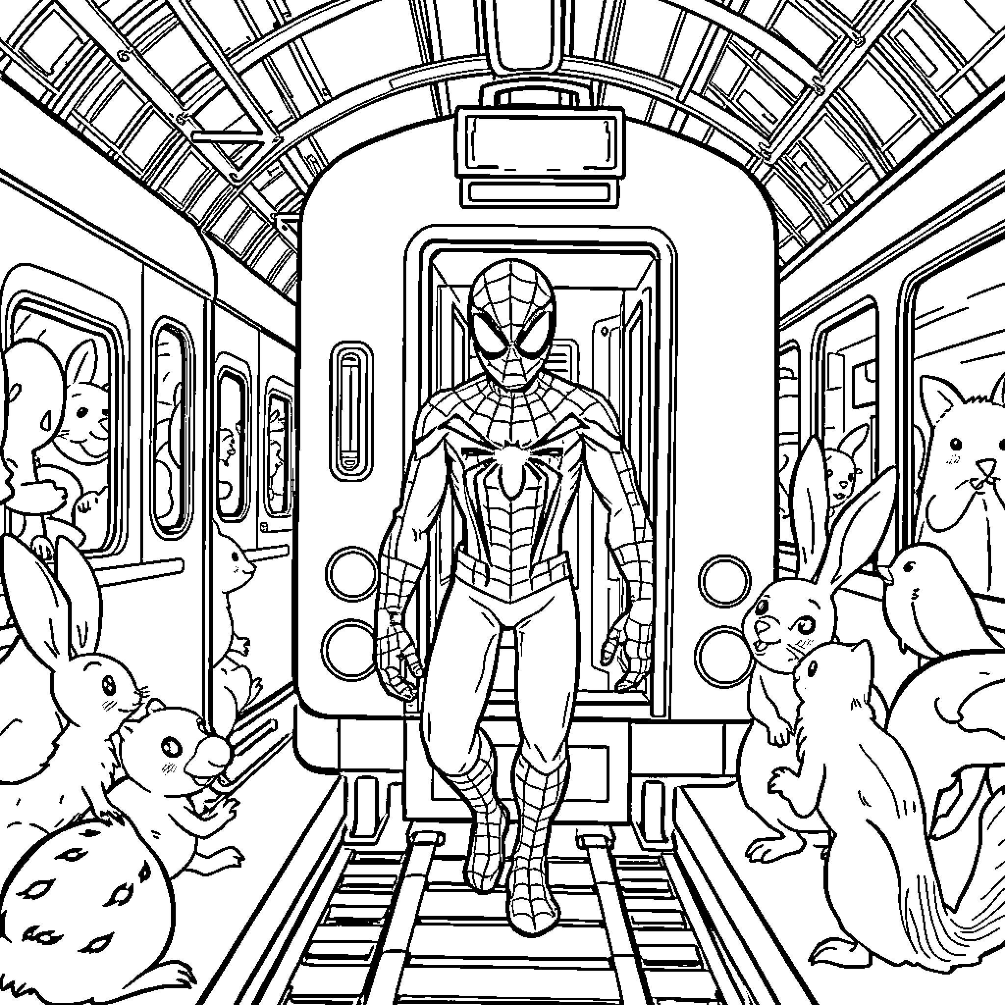 Spiderman in a Subway Adventure with Animals Coloring Page (free black-and-white line drawing printable PDF for all, from beginners to advanced learners, including children, teens, adults, and seniors)