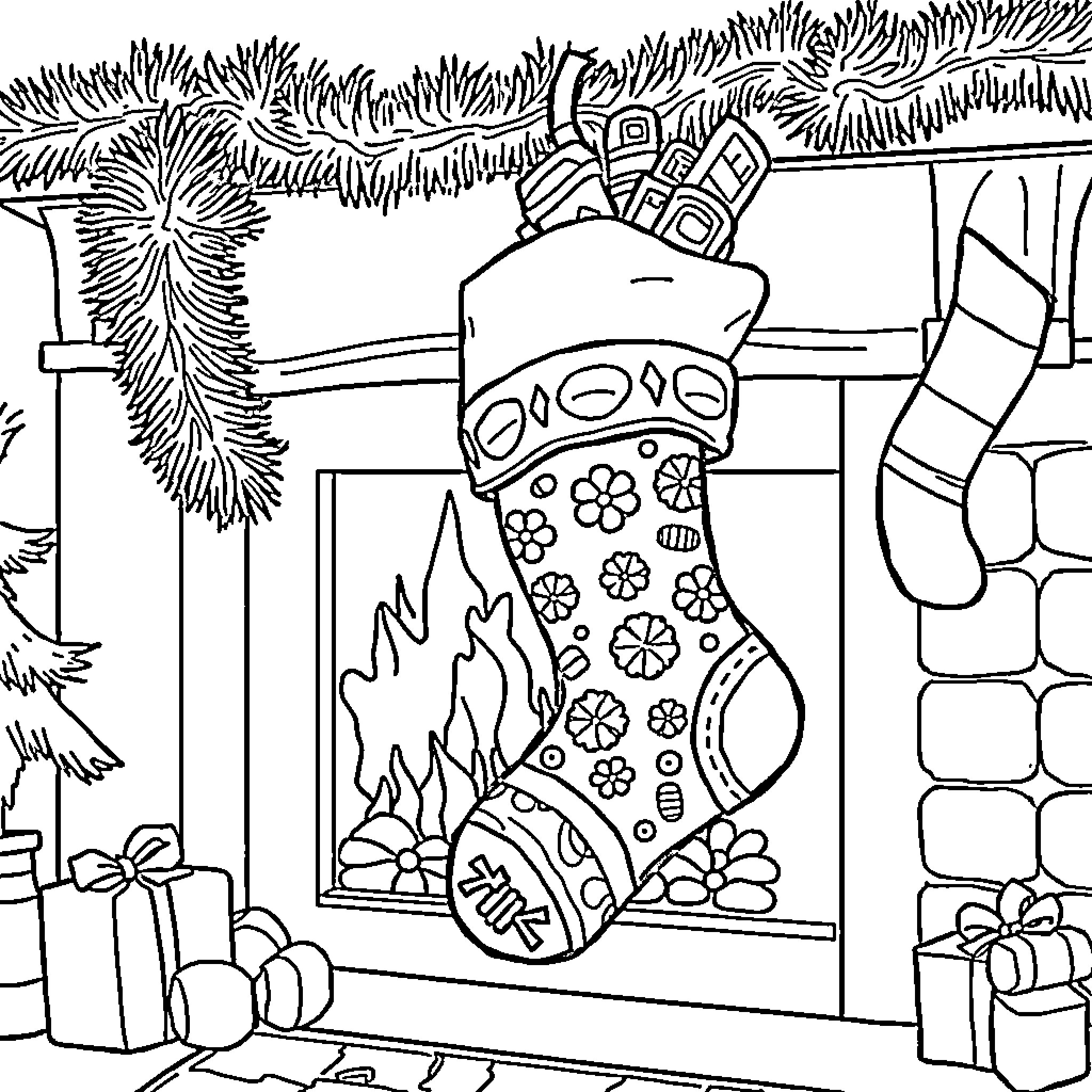 Christmas Stocking with Festive Decorations Coloring Page (free black-and-white line drawing printable PDF for all, from beginners to advanced learners, including children, teens, adults, and seniors)