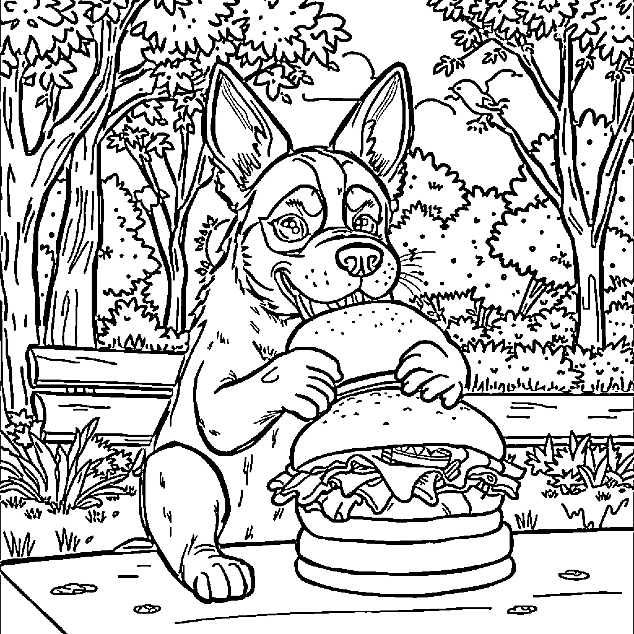 Dog enjoying a delicious burger in the park Coloring Page (free black-and-white line drawing printable PDF for all, from beginners to advanced learners, including children, teens, adults, and seniors)