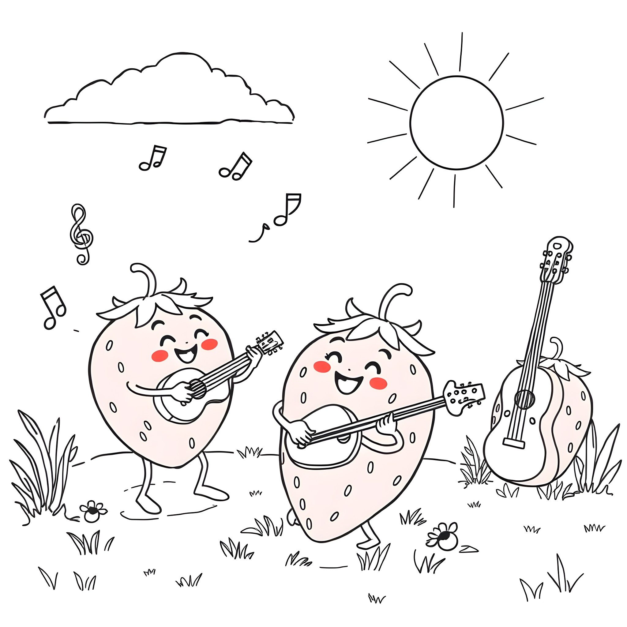 Strawberry friends playing music under the sun Coloring Page (free black-and-white line drawing printable PDF for all, from beginners to advanced learners, including children, teens, adults, and seniors)