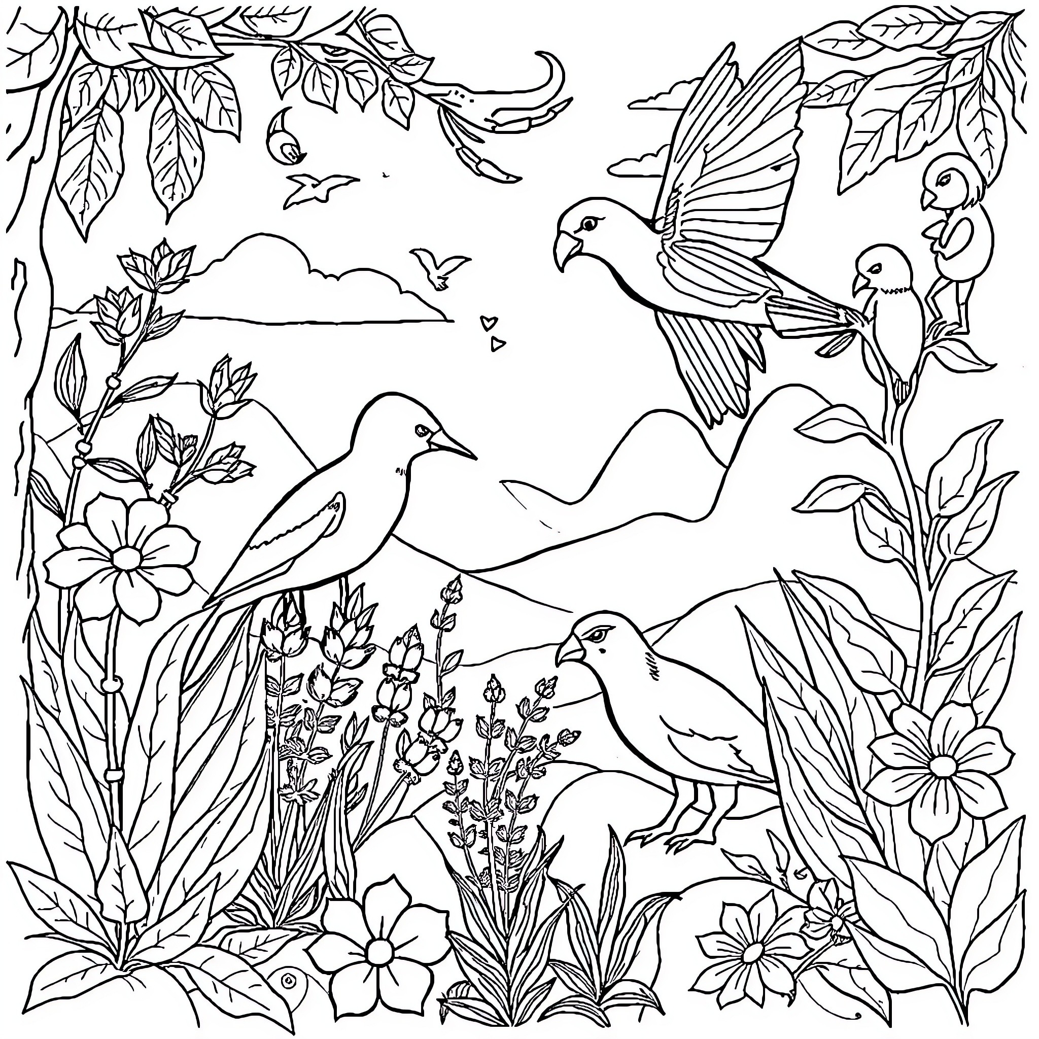 Ecology of Birds and Nature Coloring Page (free black-and-white line drawing printable PDF for all, from beginners to advanced learners, including children, teens, adults, and seniors)
