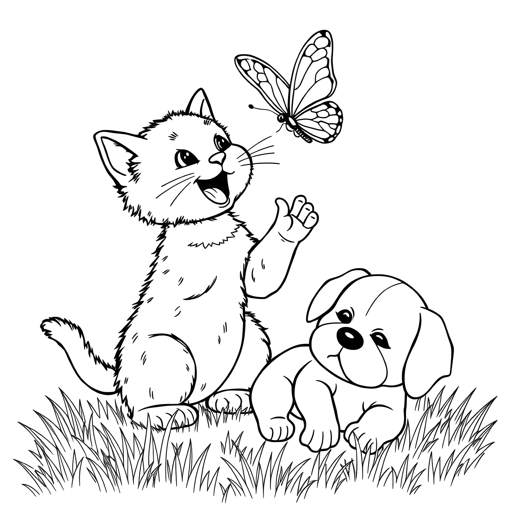 Tap Playful Pets and Butterfly in Nature Coloring Page (free black-and-white line drawing printable PDF for all, from beginners to advanced learners, including children, teens, adults, and seniors)