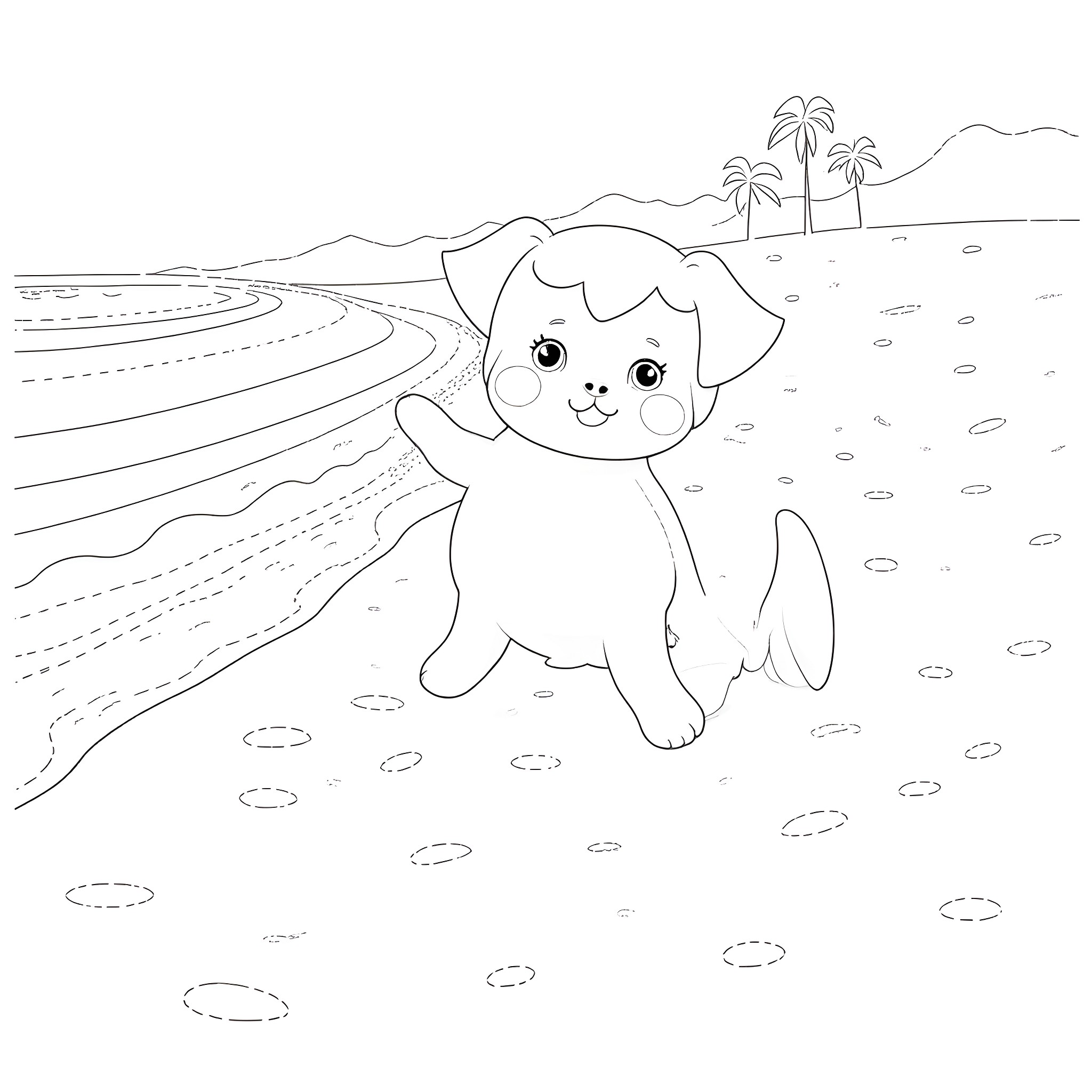 Labubu playing joyfully on the beach Coloring Page (free black-and-white line drawing printable PDF for all, from beginners to advanced learners, including children, teens, adults, and seniors)