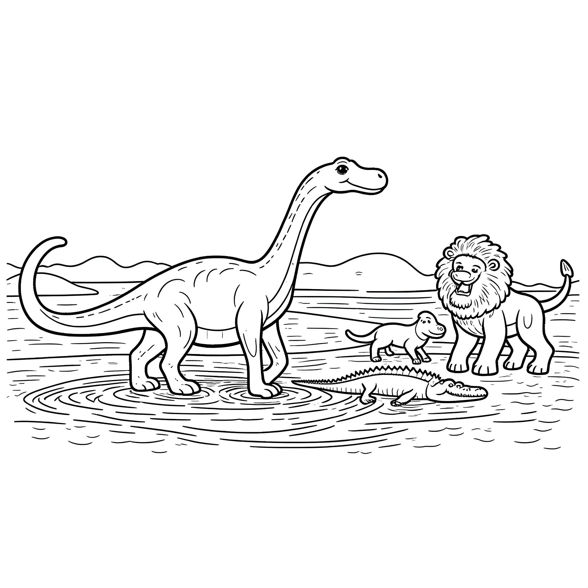 Dinosaur and lion playing in the water Coloring Page (free black-and-white line drawing printable PDF for all, from beginners to advanced learners, including children, teens, adults, and seniors)