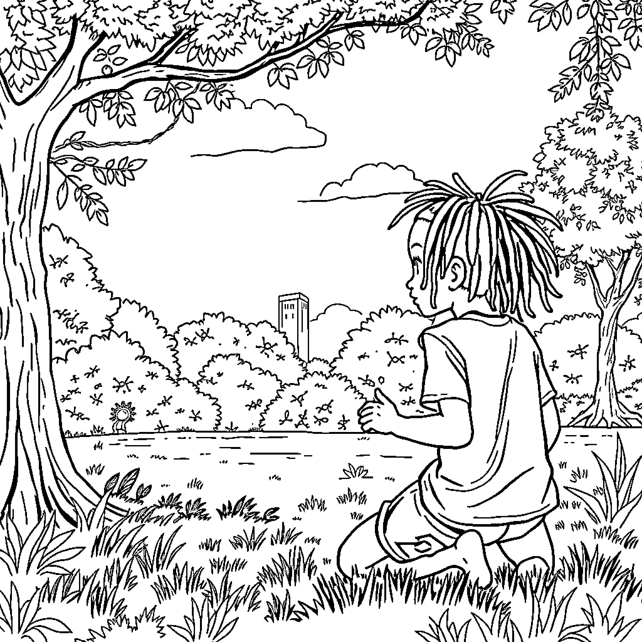 Boy sitting alone in a peaceful outdoor scene Coloring Page (free black-and-white line drawing printable PDF for all, from beginners to advanced learners, including children, teens, adults, and seniors)