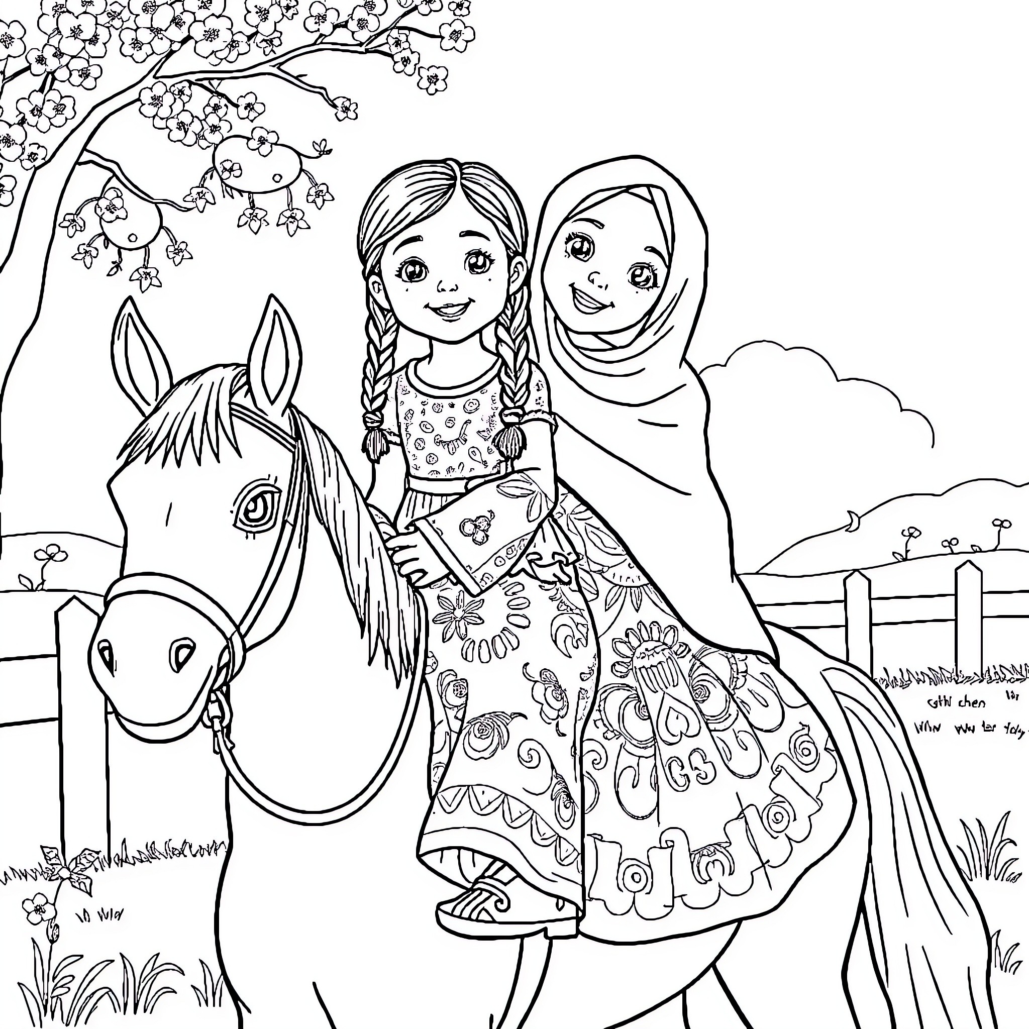 Girls riding a horse in a flowery landscape Coloring Page (free black-and-white line drawing printable PDF for all, from beginners to advanced learners, including children, teens, adults, and seniors)