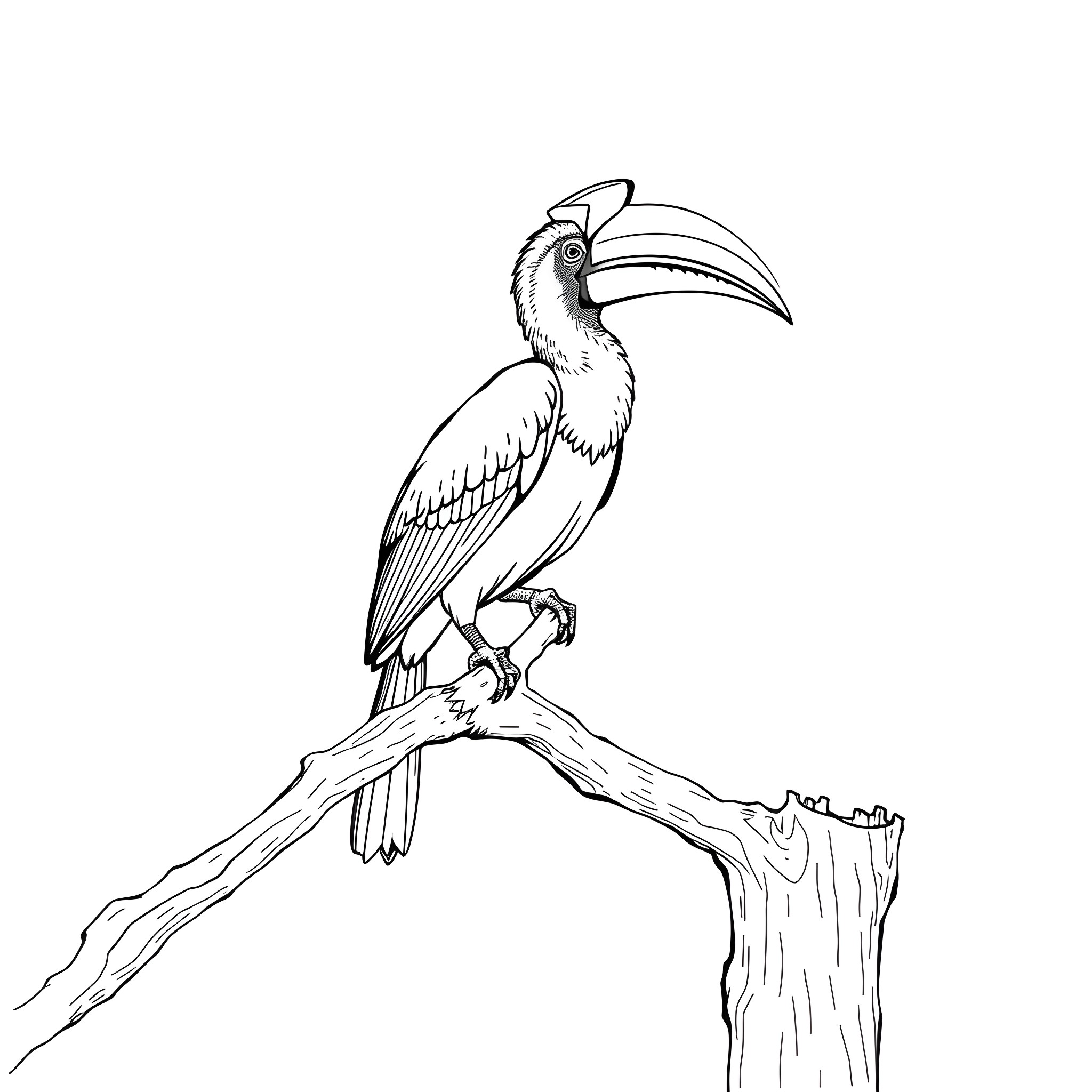 Hornbill perched on a branch Coloring Page (free black-and-white line drawing printable PDF for all, from beginners to advanced learners, including children, teens, adults, and seniors)