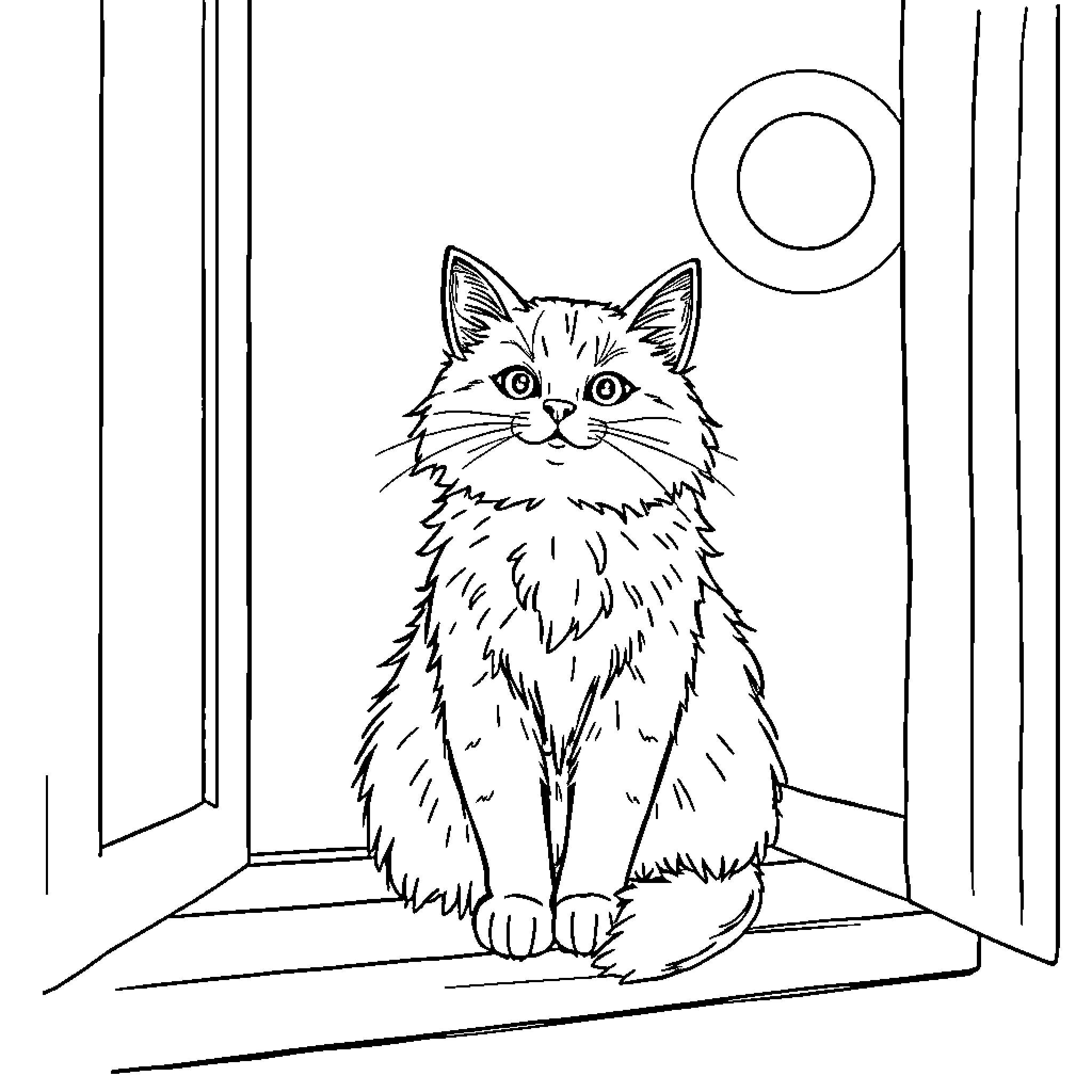 Cat looking out the window on a snowy day Coloring Page (free black-and-white line drawing printable PDF for all, from beginners to advanced learners, including children, teens, adults, and seniors)