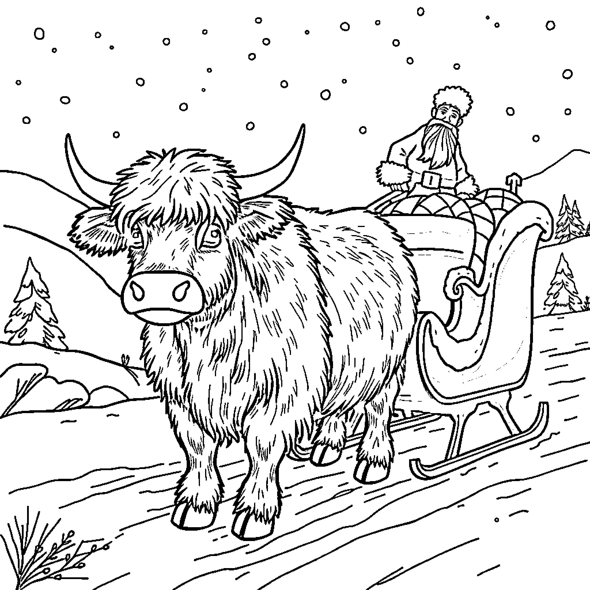 Highland Cow pulling a sleigh in a snowy landscape Coloring Page (free black-and-white line drawing printable PDF for all, from beginners to advanced learners, including children, teens, adults, and seniors)