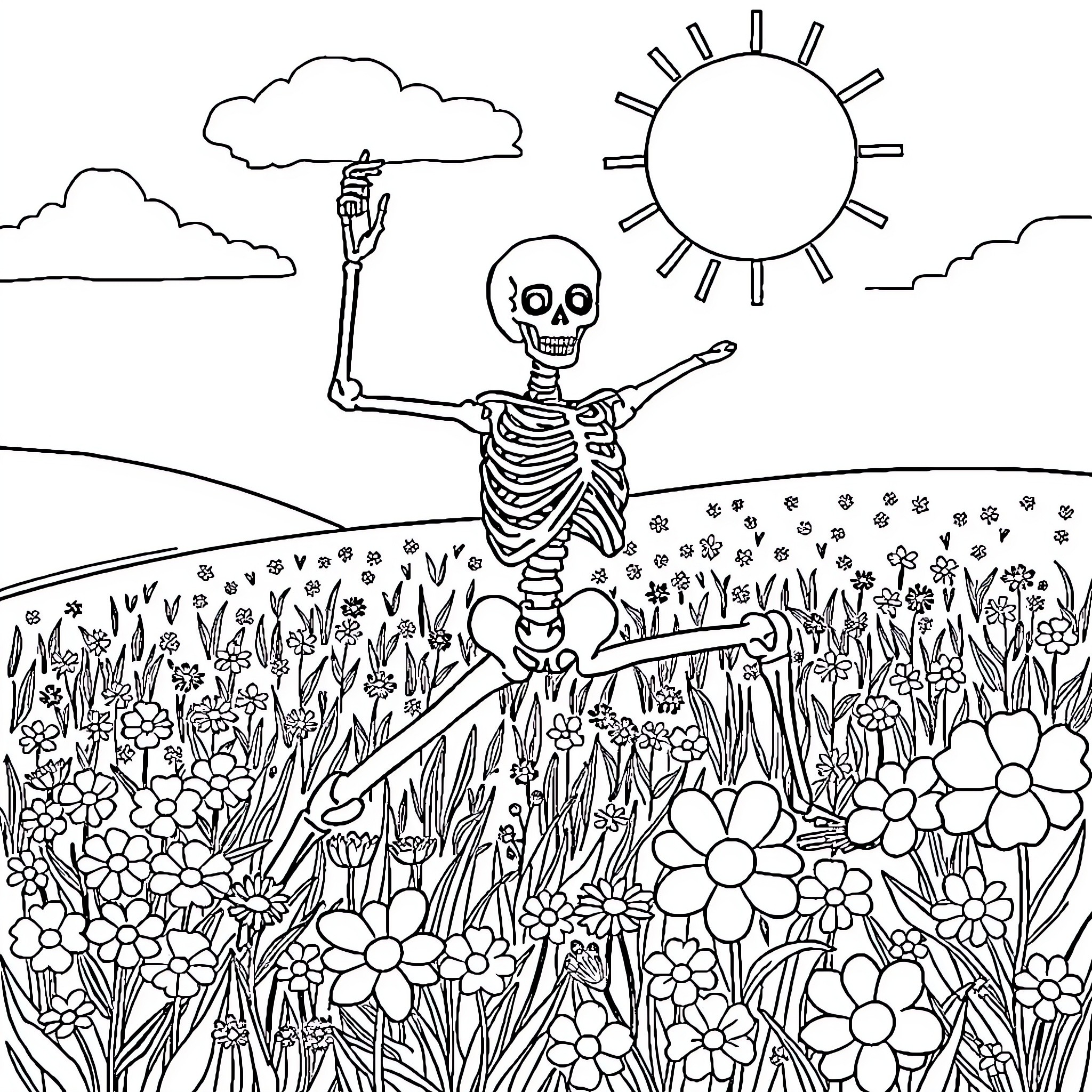 Skeleton dancing joyfully in a floral meadow Coloring Page (free black-and-white line drawing printable PDF for all, from beginners to advanced learners, including children, teens, adults, and seniors)
