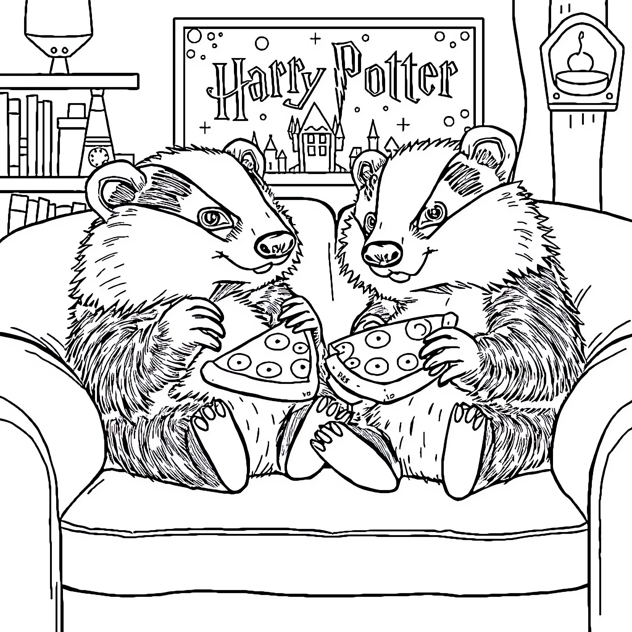 Badger Companions Enjoying Harry Potter Book Coloring Page (free black-and-white line drawing printable PDF for all, from beginners to advanced learners, including children, teens, adults, and seniors)
