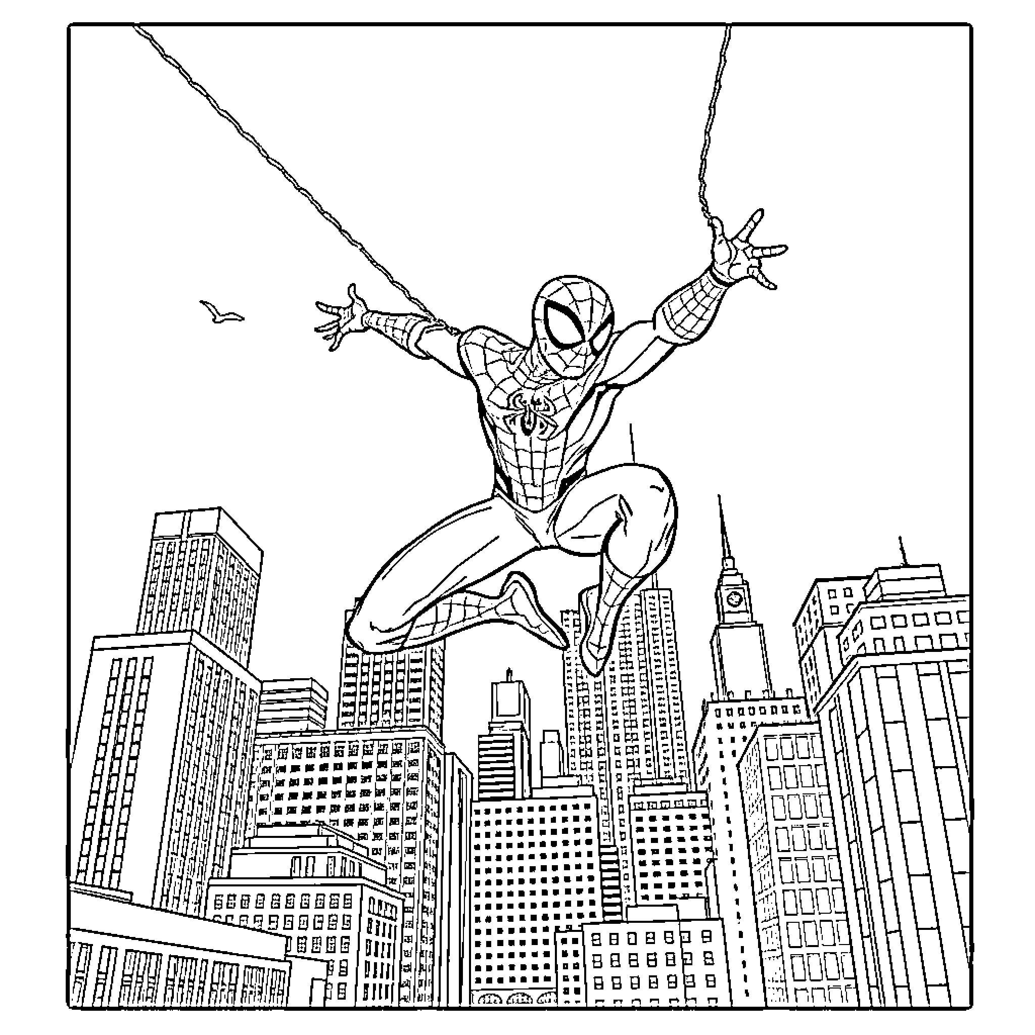 Spiderman swinging through the city skyline Coloring Page (free black-and-white line drawing printable PDF for all, from beginners to advanced learners, including children, teens, adults, and seniors)