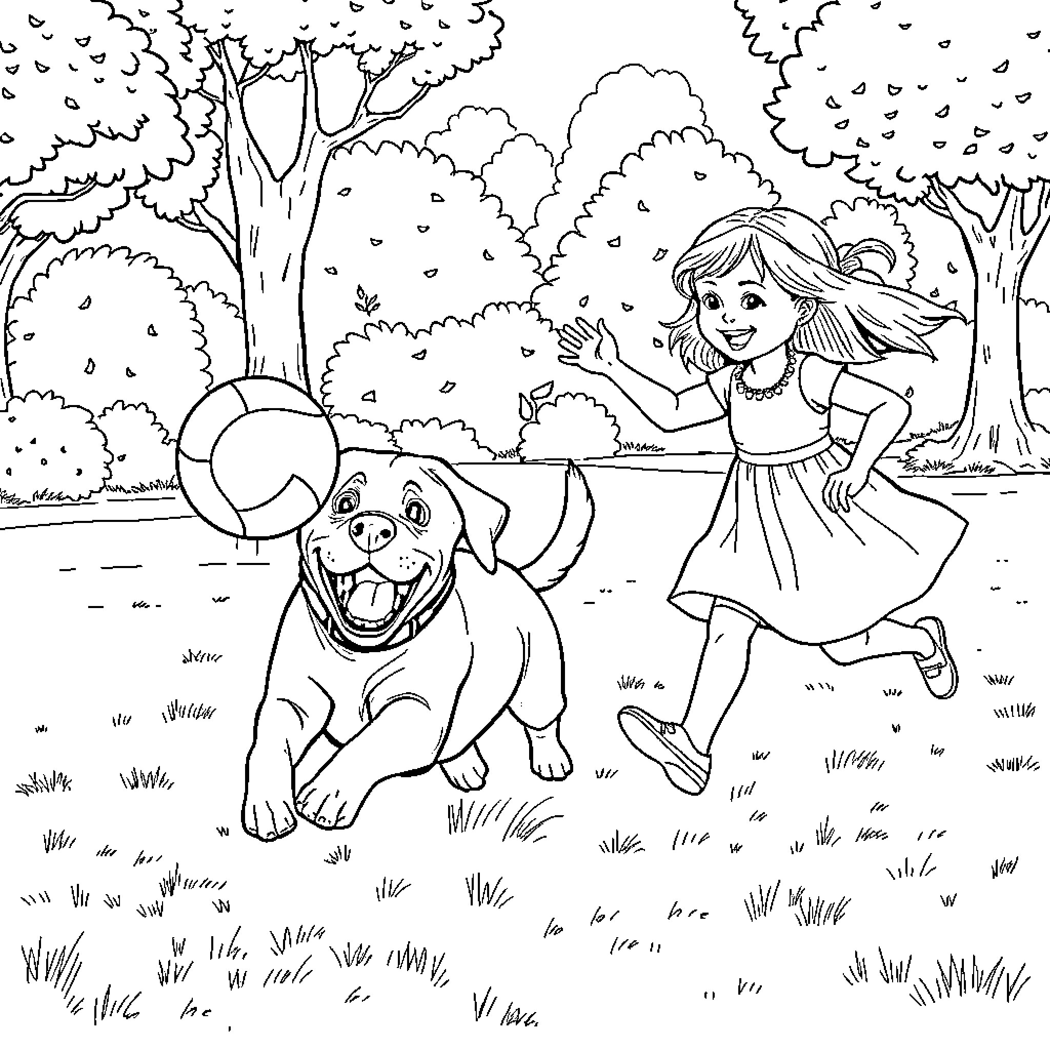 Labrador playing with a girl in the park Coloring Page (free black-and-white line drawing printable PDF for all, from beginners to advanced learners, including children, teens, adults, and seniors)