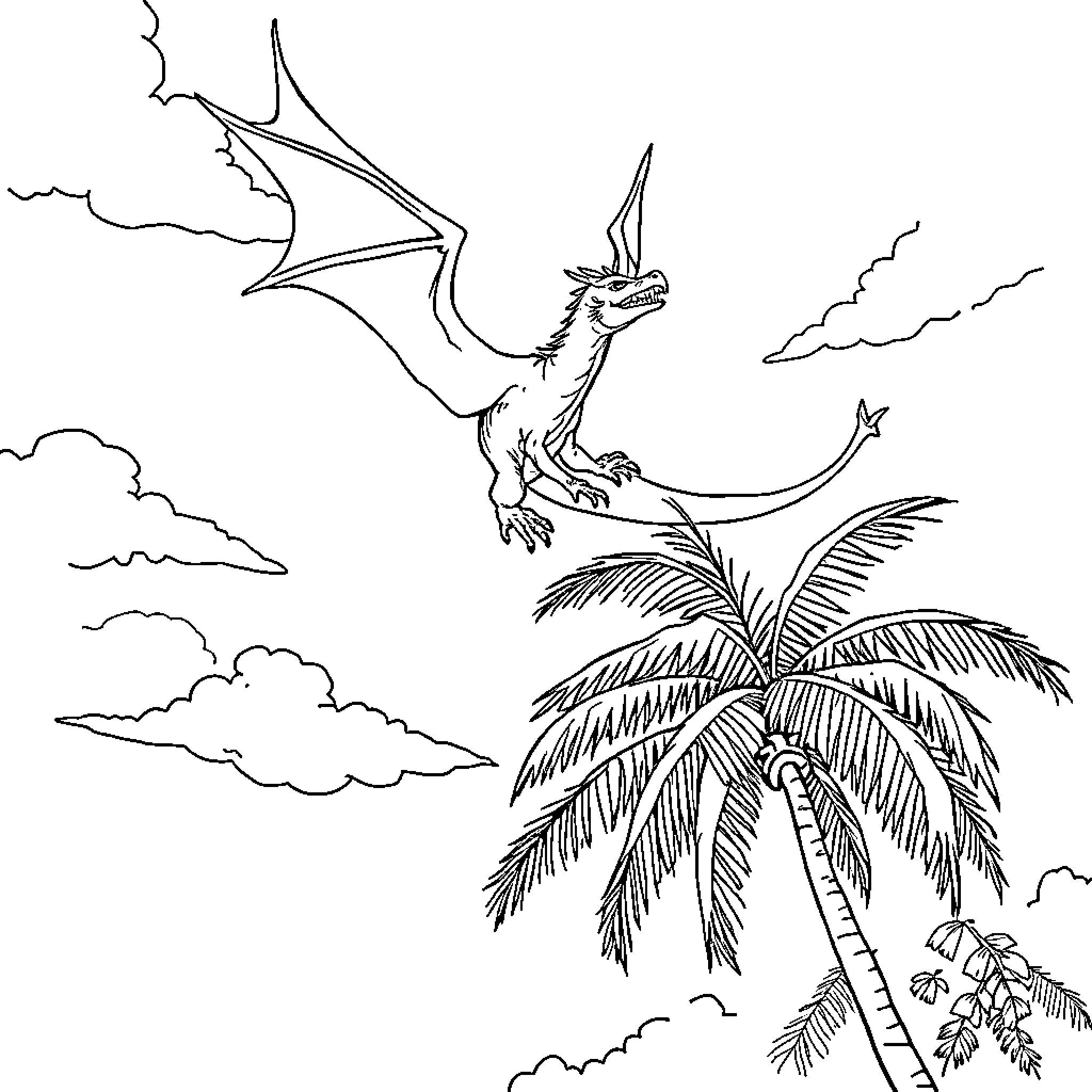 Dragon soaring among tropical palm trees Coloring Page (free black-and-white line drawing printable PDF for all, from beginners to advanced learners, including children, teens, adults, and seniors)