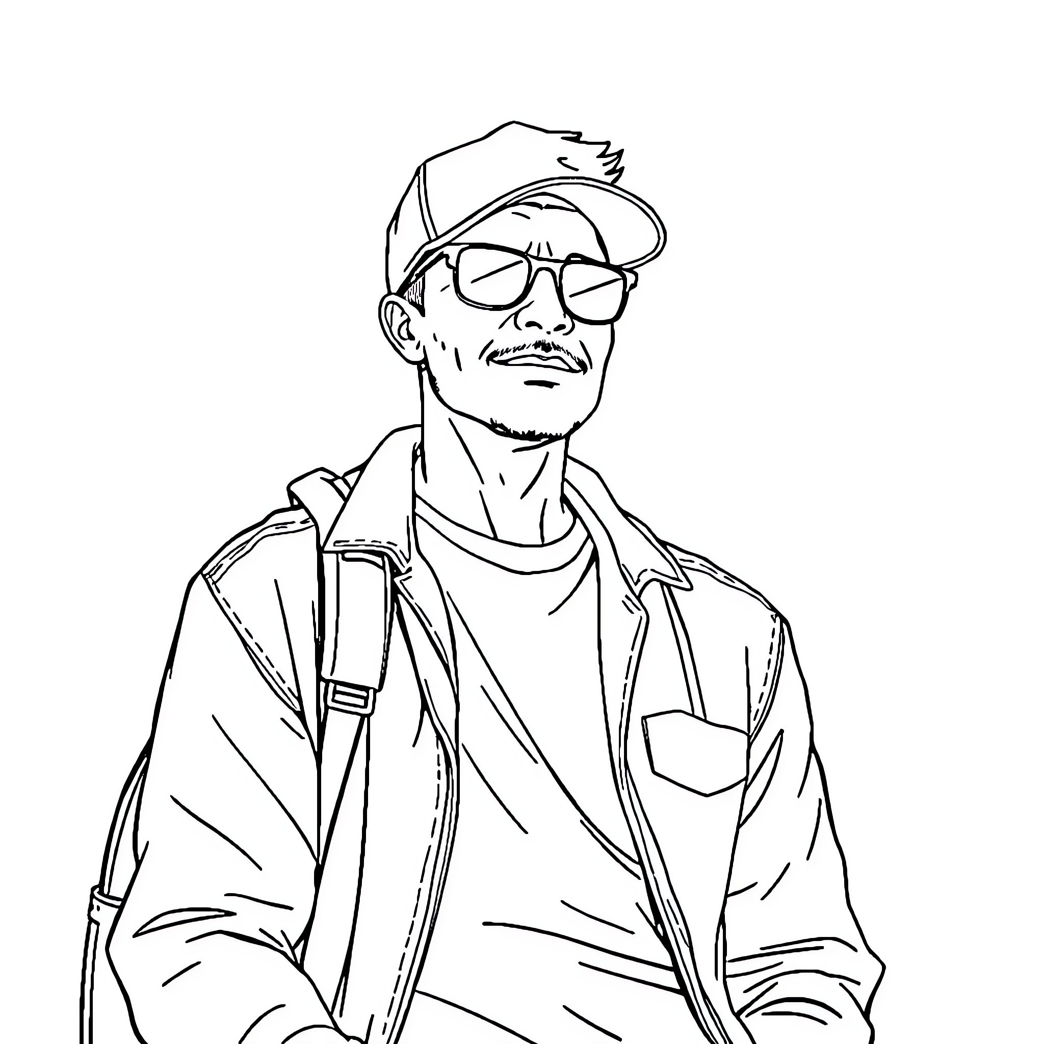 Adult man in casual outfit with cap and glasses Coloring Page (free black-and-white line drawing printable PDF for all, from beginners to advanced learners, including children, teens, adults, and seniors)