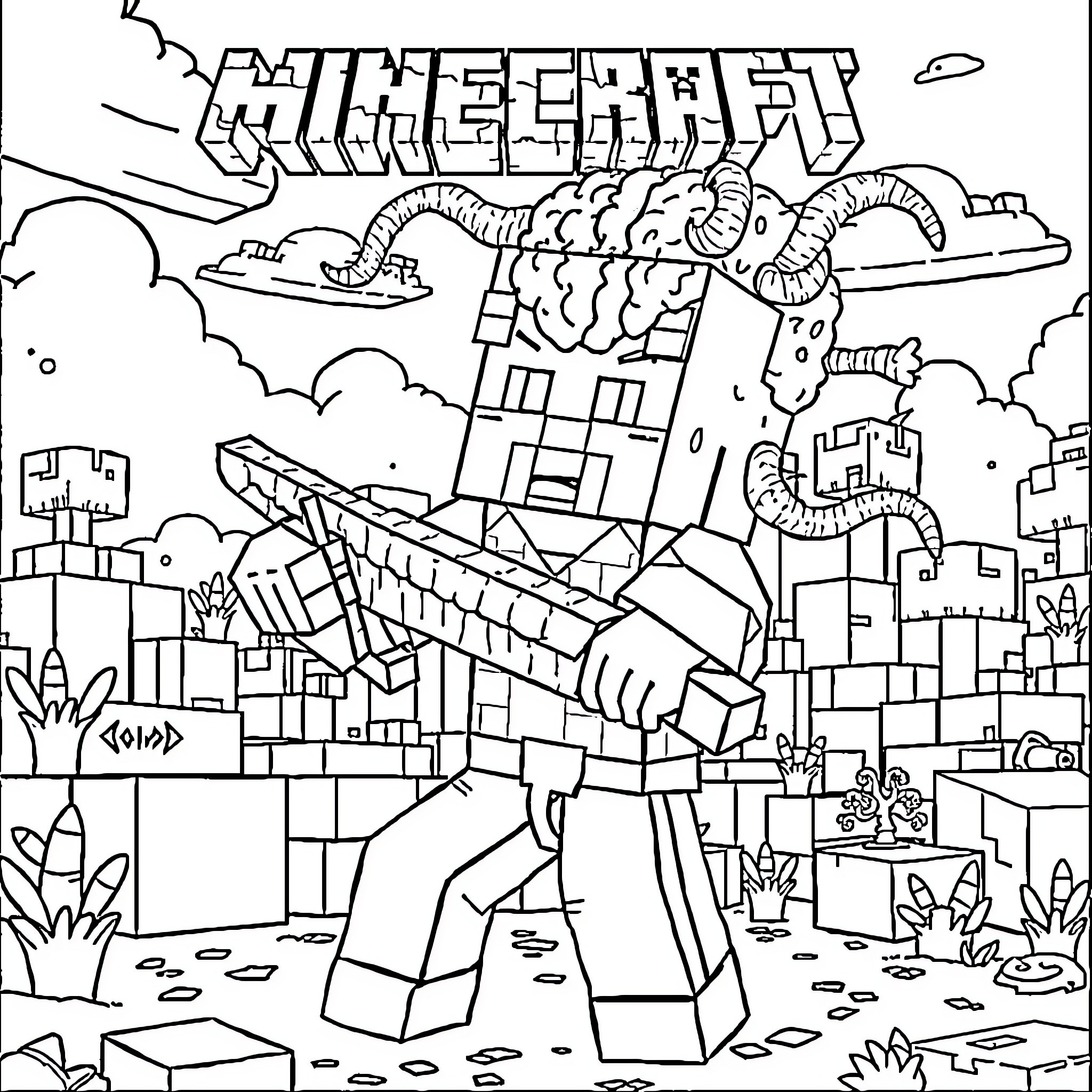 Minecraft Steve Exploring the Blocky World Coloring Page (free black-and-white line drawing printable PDF for all, from beginners to advanced learners, including children, teens, adults, and seniors)