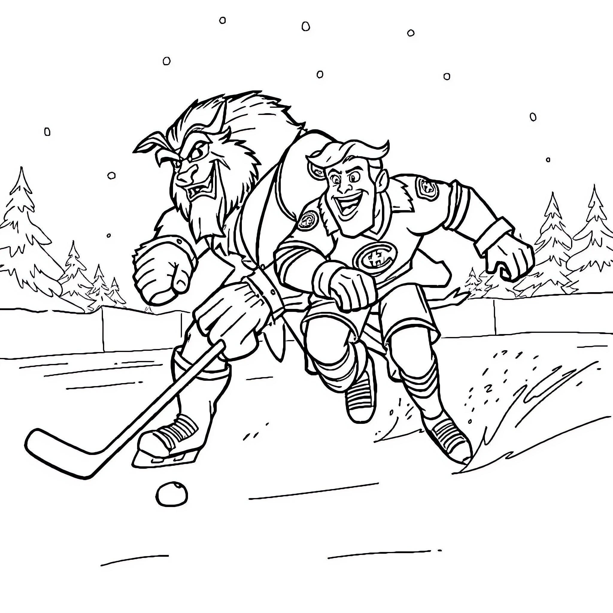 Beast hockey players in action on the ice Coloring Page (free black-and-white line drawing printable PDF for all, from beginners to advanced learners, including children, teens, adults, and seniors)