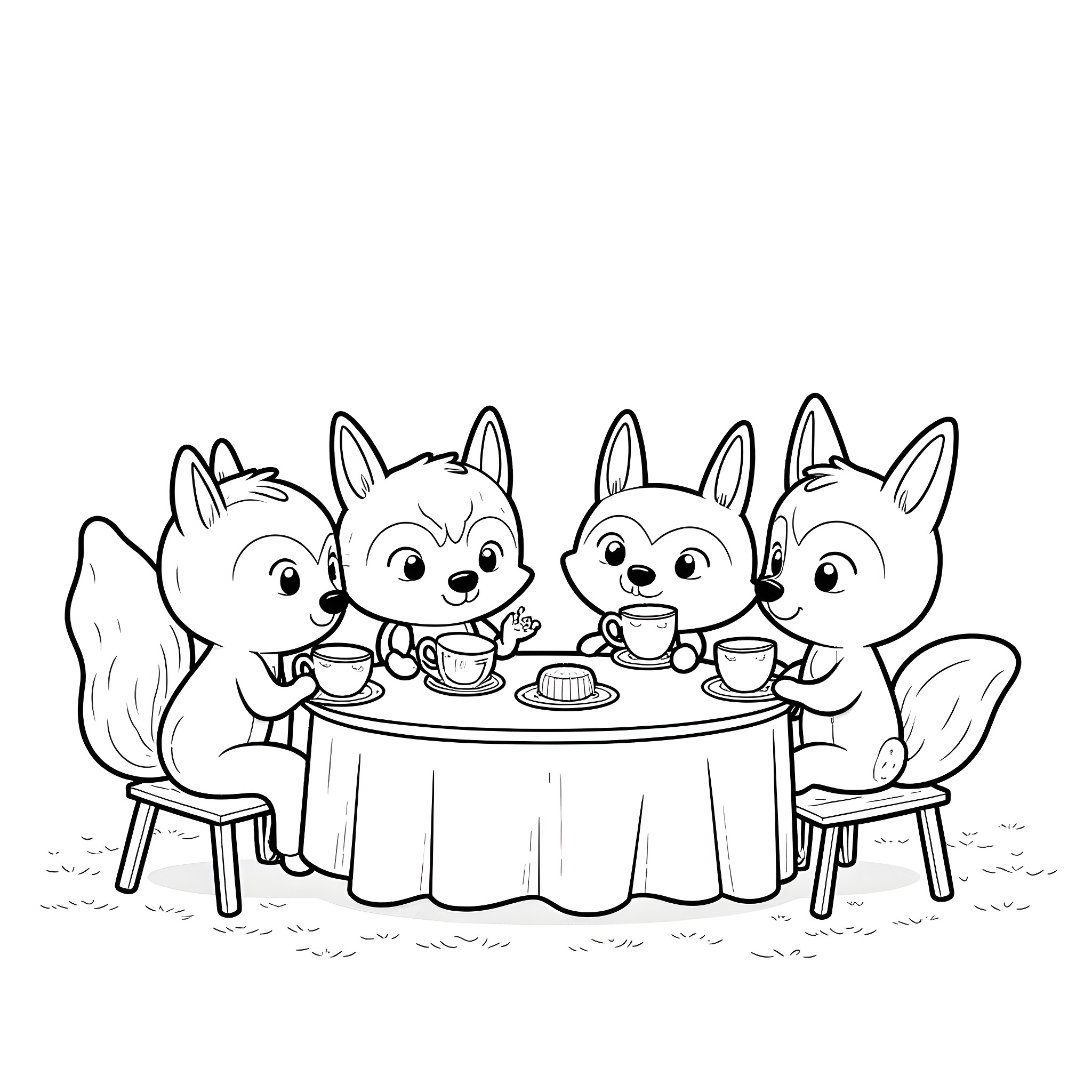 Animal friends having a tea party Coloring Page (free black-and-white line drawing printable PDF for all, from beginners to advanced learners, including children, teens, adults, and seniors)