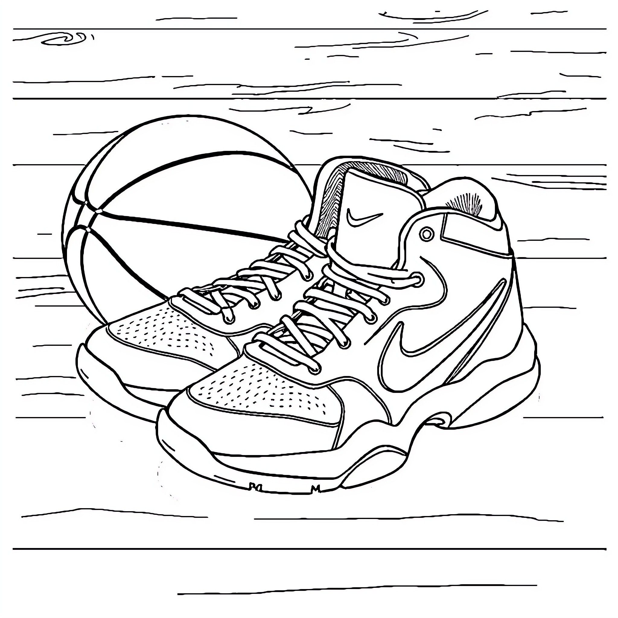 Kobe Bryant's Basketball Shoes and Ball Coloring Page (free black-and-white line drawing printable PDF for all, from beginners to advanced learners, including children, teens, adults, and seniors)