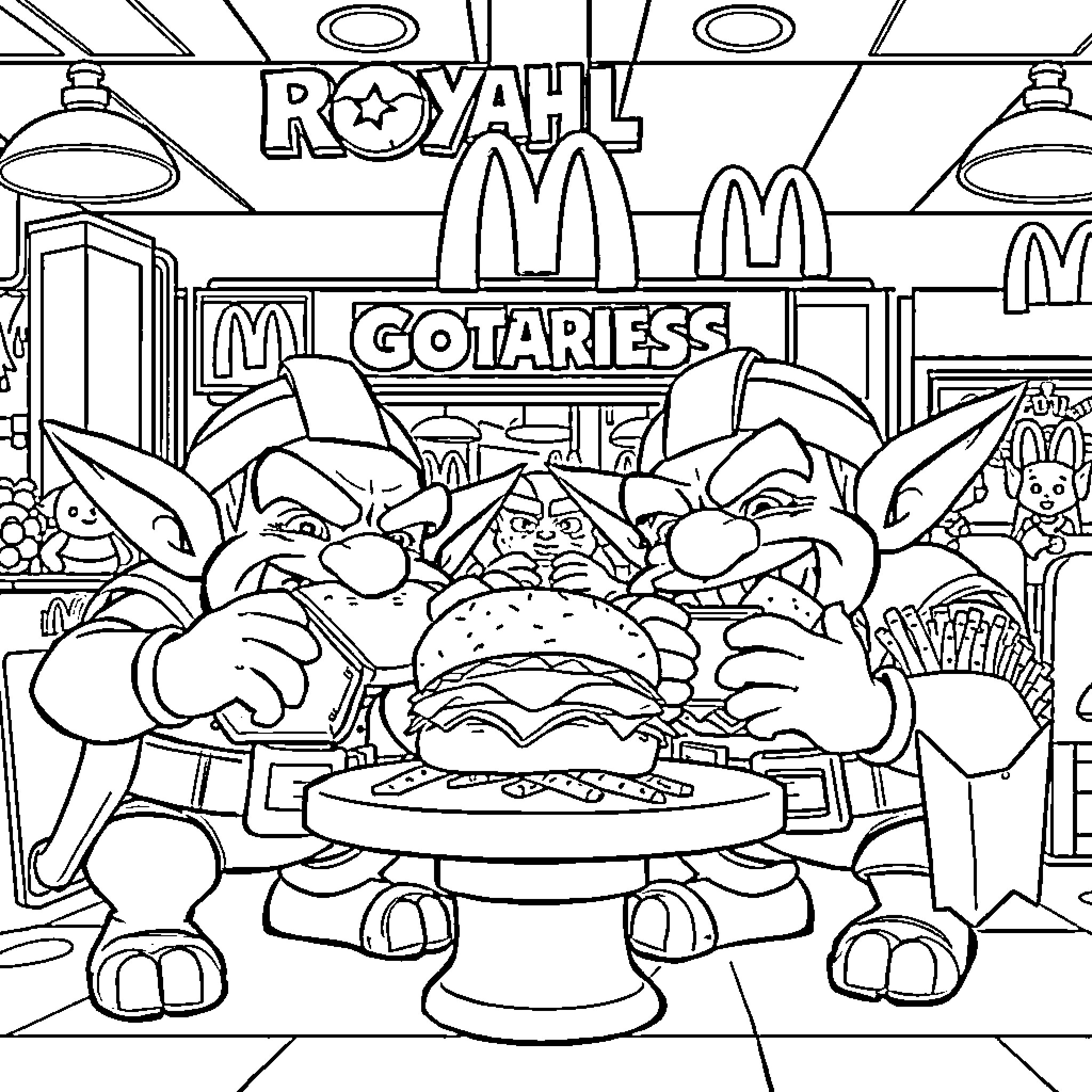 Goblin goblins running a fast food restaurant Coloring Page (free black-and-white line drawing printable PDF for all, from beginners to advanced learners, including children, teens, adults, and seniors)