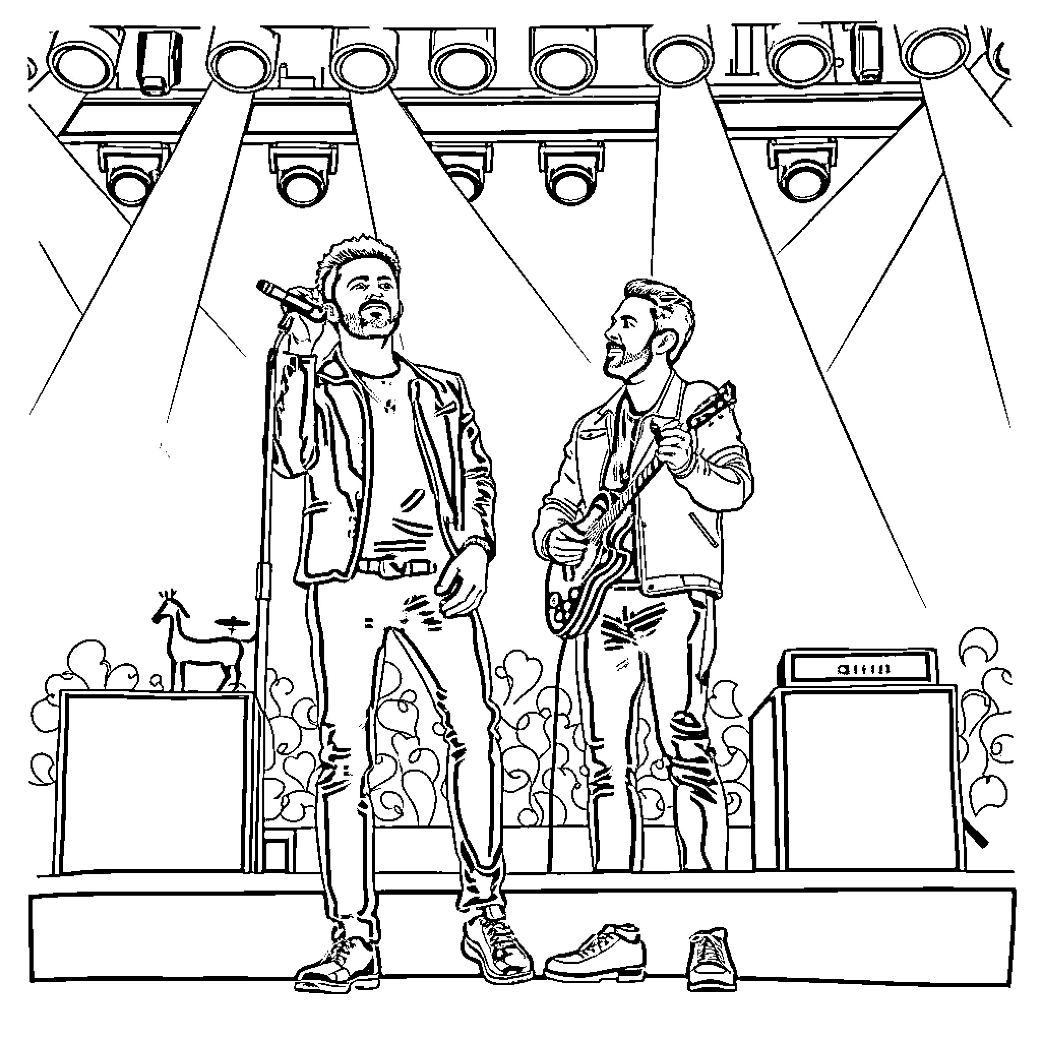 Justin Timberlake and band members performing on stage Coloring Page (free black-and-white line drawing printable PDF for all, from beginners to advanced learners, including children, teens, adults, and seniors)