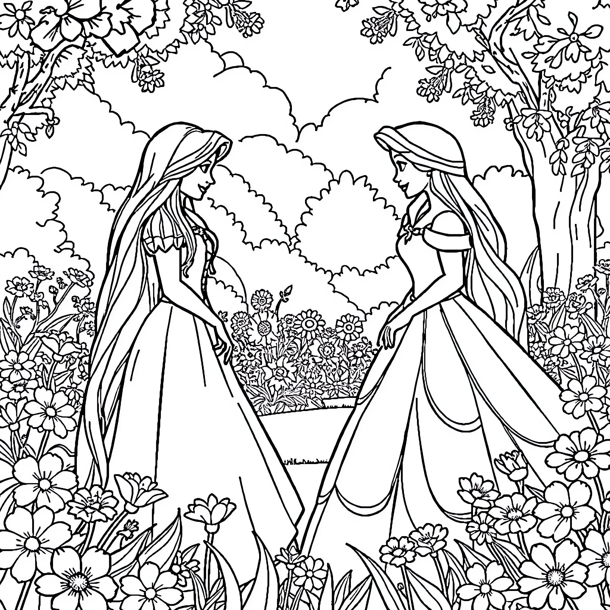 Princess Enjoying Flowers in a Peaceful Garden Coloring Page (free black-and-white line drawing printable PDF for all, from beginners to advanced learners, including children, teens, adults, and seniors)