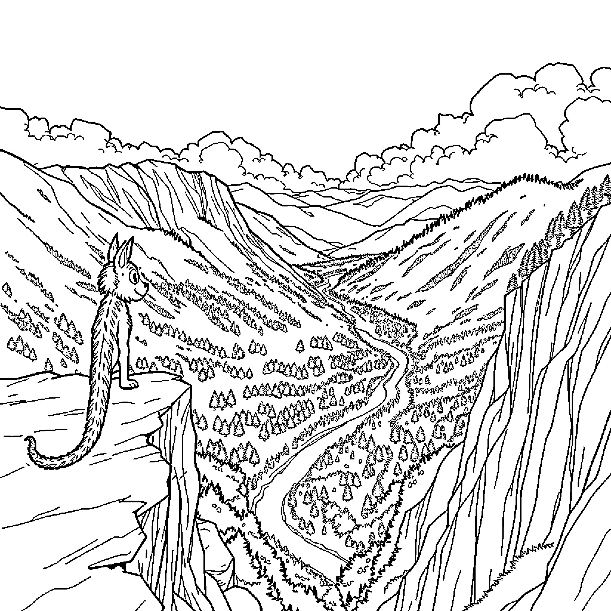 Grogu exploring the majestic mountain landscape Coloring Page (free black-and-white line drawing printable PDF for all, from beginners to advanced learners, including children, teens, adults, and seniors)