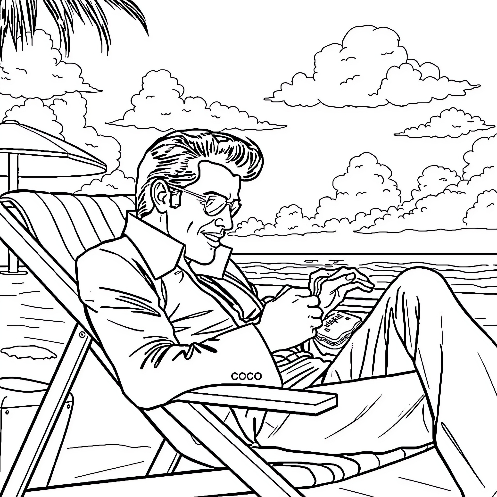 Elvis Presley relaxing on the beach Coloring Page (free black-and-white line drawing printable PDF for all, from beginners to advanced learners, including children, teens, adults, and seniors)