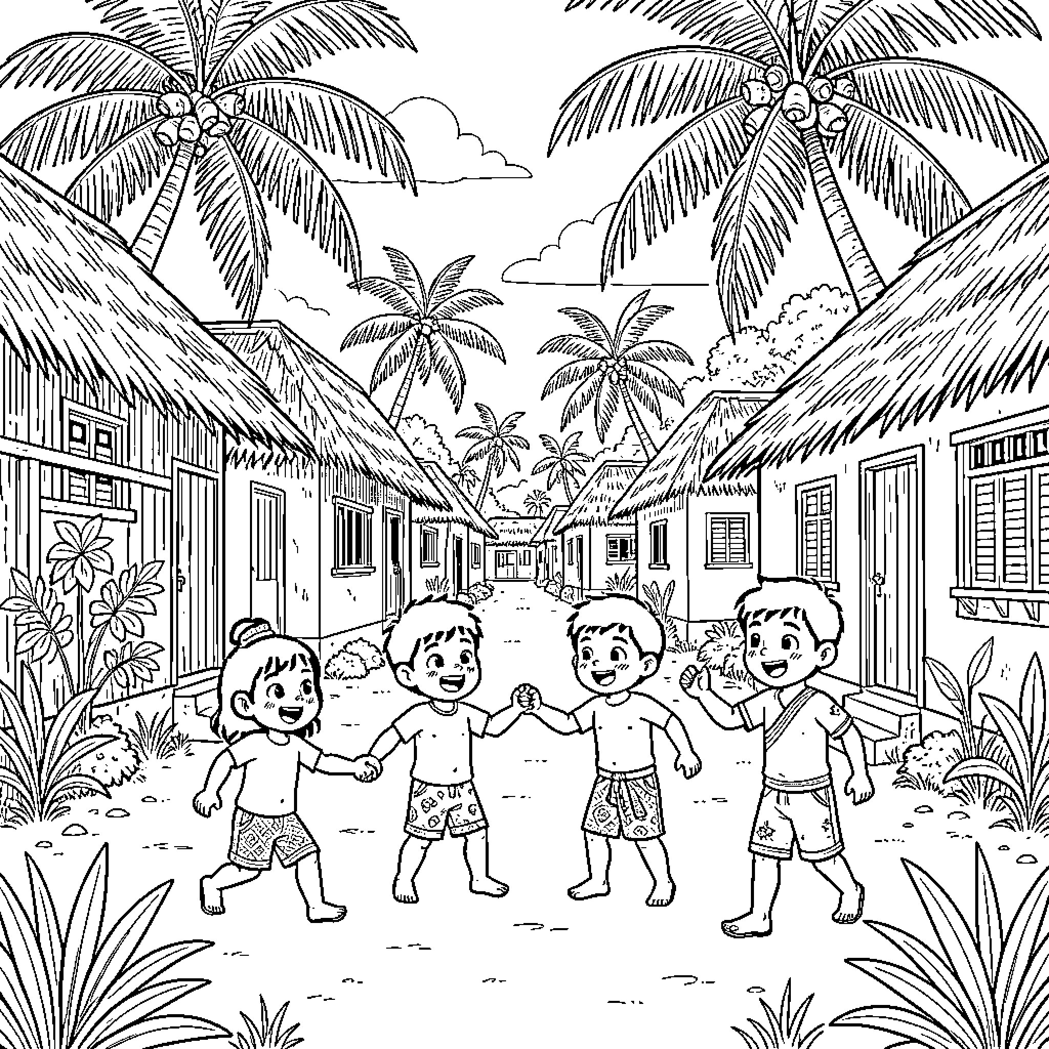Child friends holding hands and walking through a village Coloring Page (free black-and-white line drawing printable PDF for all, from beginners to advanced learners, including children, teens, adults, and seniors)