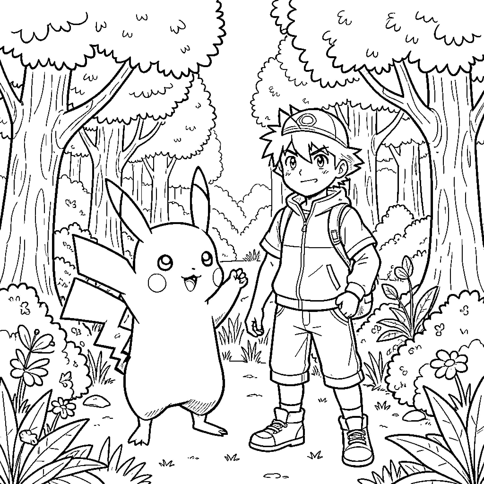 Pikachu and the Adventurous Trainer in the Forest Coloring Page (free black-and-white line drawing printable PDF for all, from beginners to advanced learners, including children, teens, adults, and seniors)
