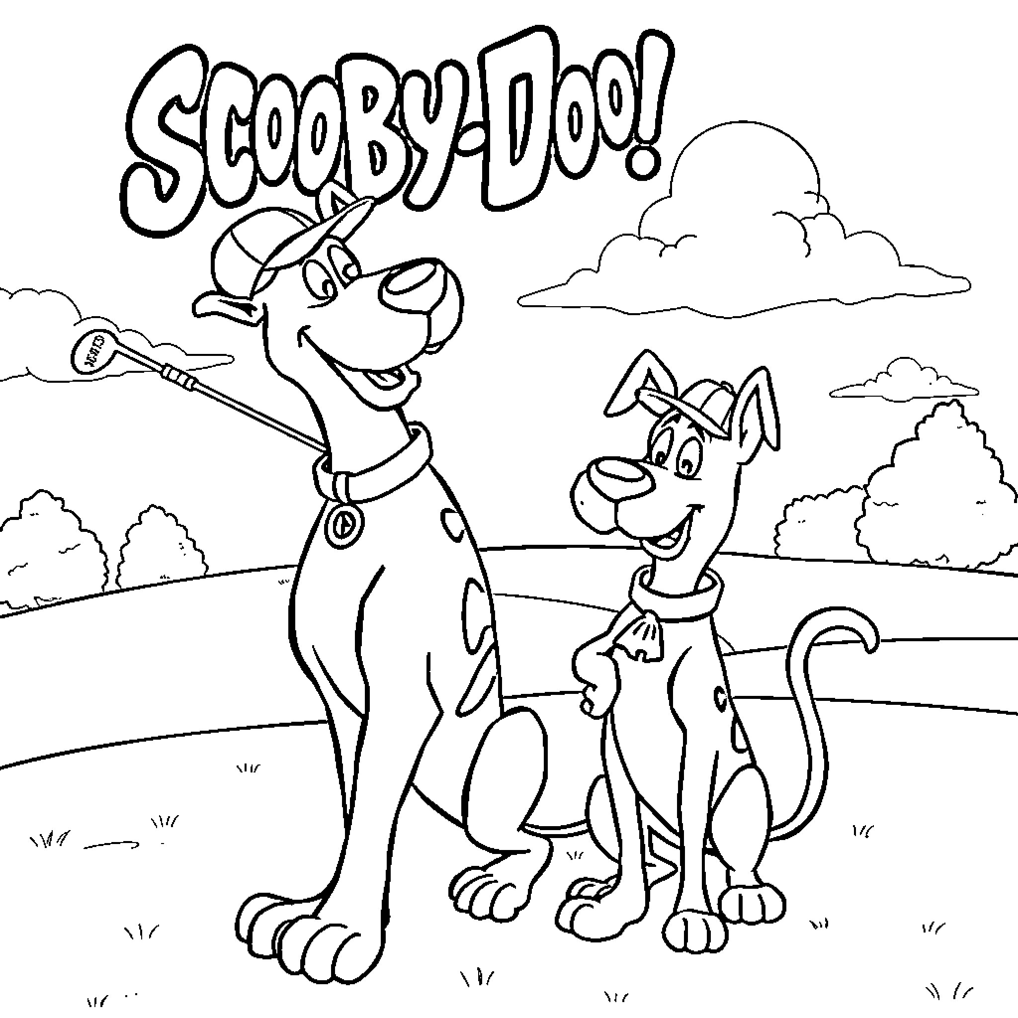 Scooby Doo and Scrappy Doo on an adventure Coloring Page (free black-and-white line drawing printable PDF for all, from beginners to advanced learners, including children, teens, adults, and seniors)