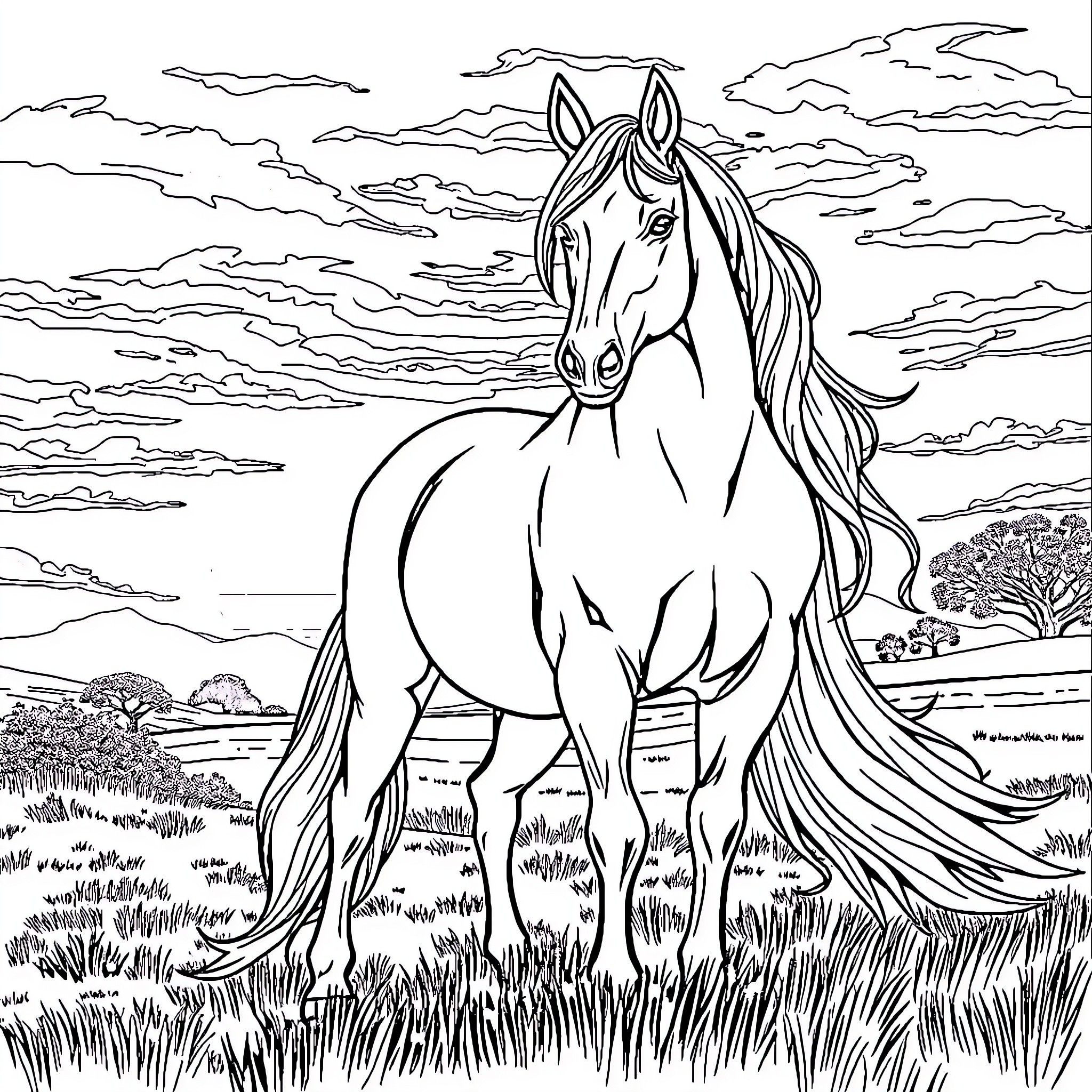 Horse standing proudly in a scenic landscape Coloring Page (free black-and-white line drawing printable PDF for all, from beginners to advanced learners, including children, teens, adults, and seniors)