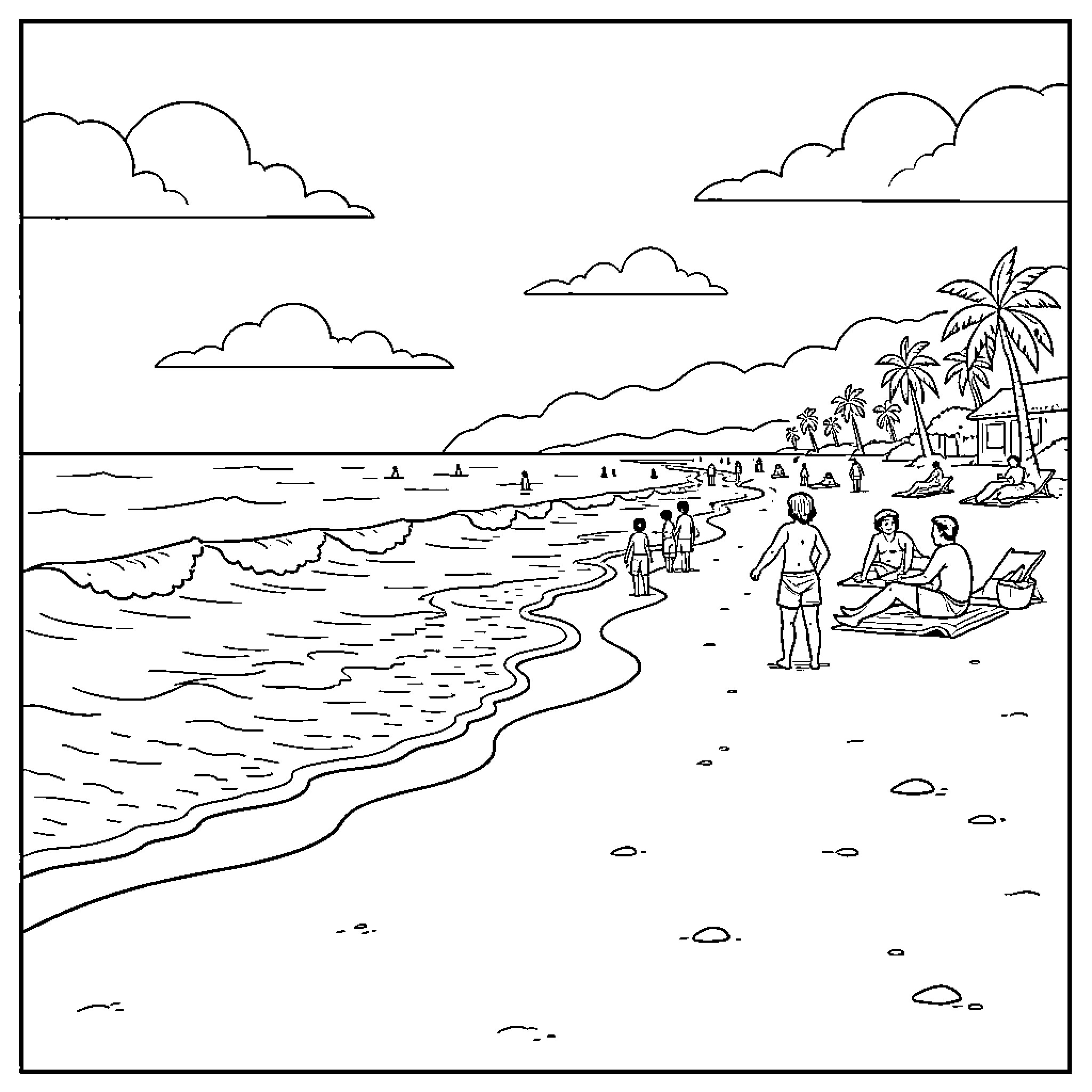 Beach scene with people relaxing and walking along the shore Coloring Page (free black-and-white line drawing printable PDF for all, from beginners to advanced learners, including children, teens, adults, and seniors)