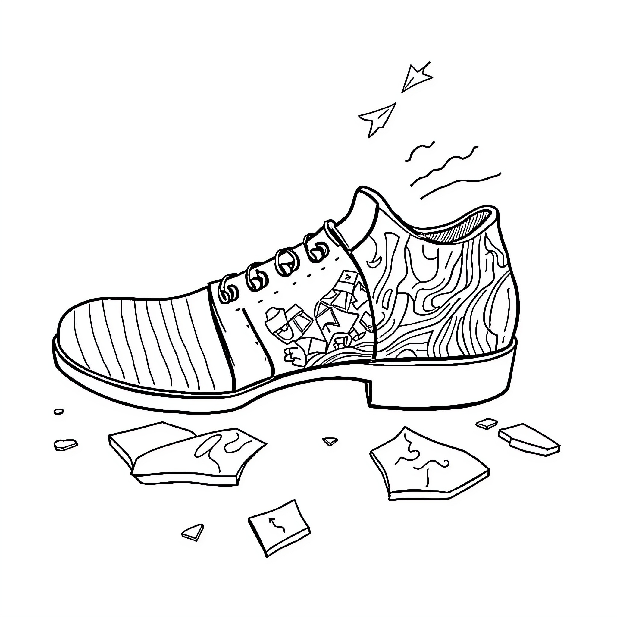 Shoe with broken pieces on the ground Coloring Page (free black-and-white line drawing printable PDF for all, from beginners to advanced learners, including children, teens, adults, and seniors)
