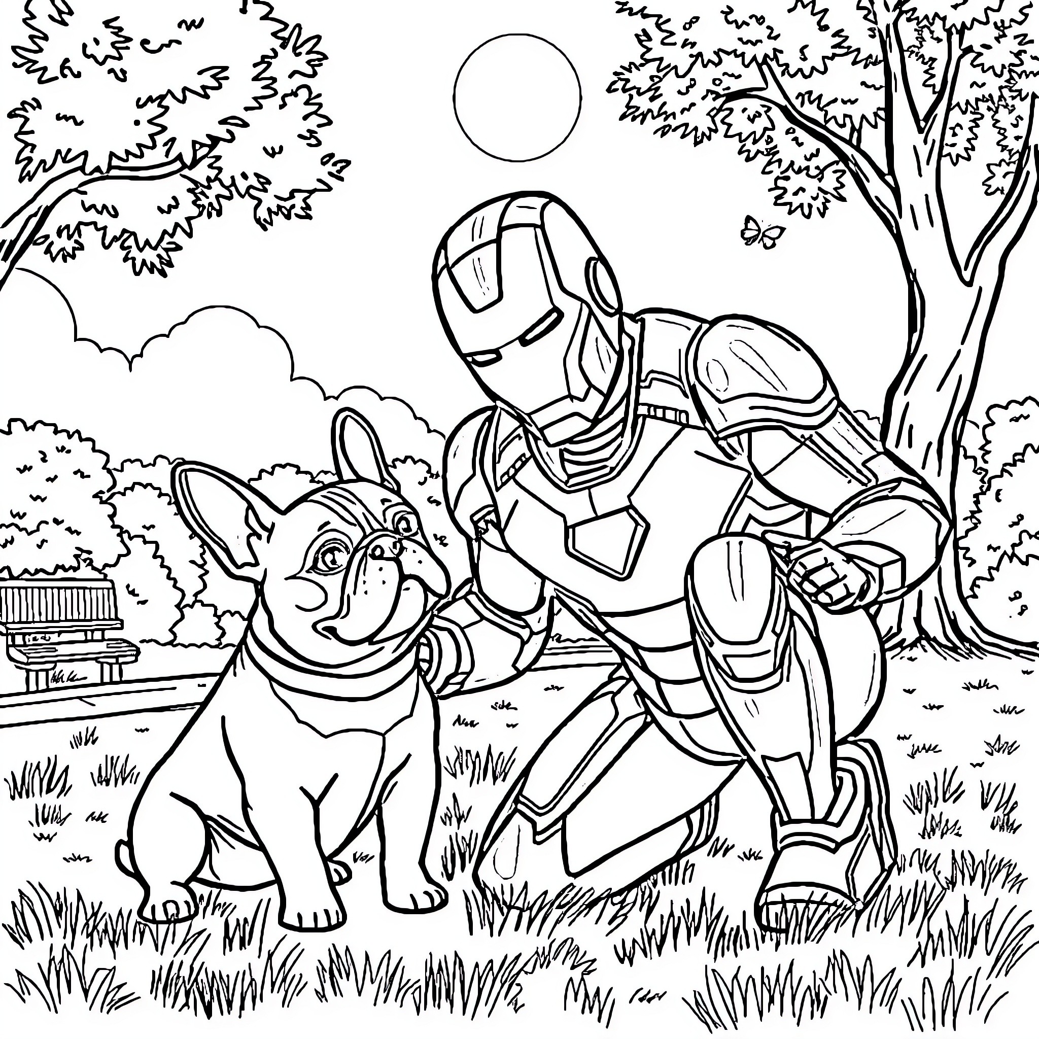 Ironman interacting with a friendly dog in the park Coloring Page (free black-and-white line drawing printable PDF for all, from beginners to advanced learners, including children, teens, adults, and seniors)